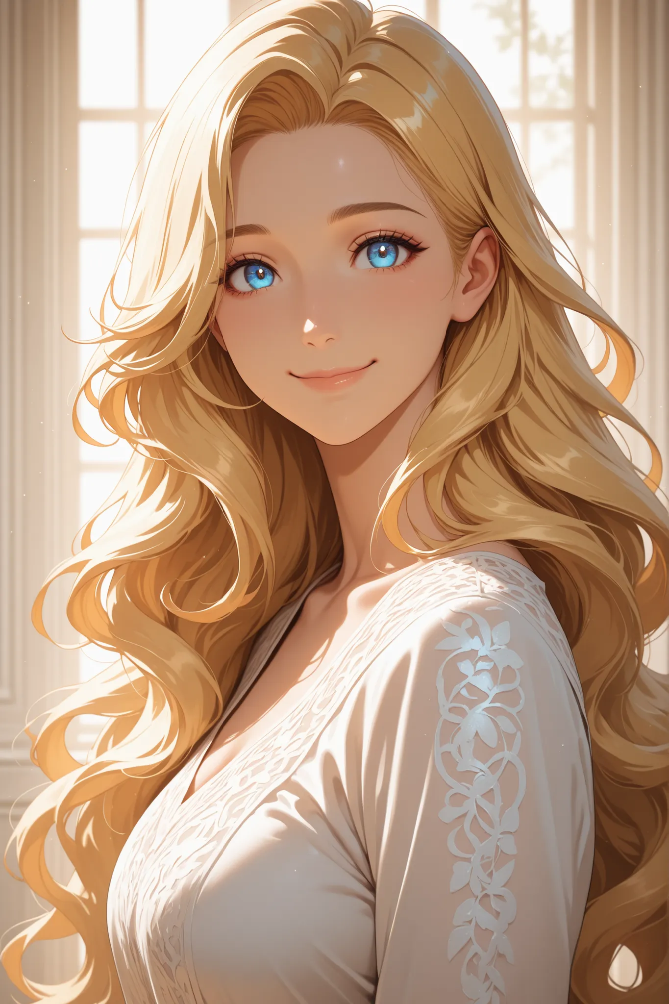 masterpiece, best quality, chica joven, beautiful, linda, long wavy hair, natural smile, bright eyes, anime-style, high quality, detailed, 8K, soft lighting, fantastic background 