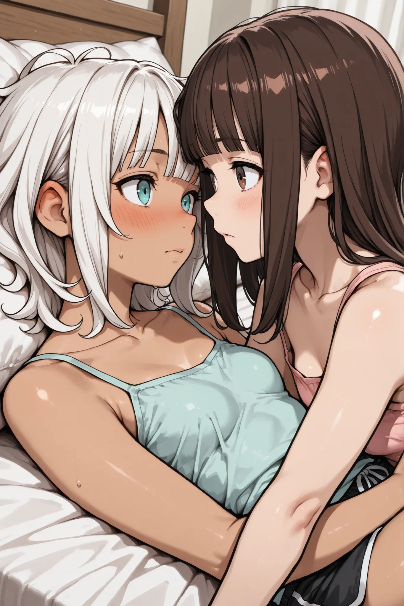((2girls)),masterpiece, (tanned skin:0.5),
2girls, lying on bed, from side,, (2 girls overlapping:1.5),(half-closed eyes:0.7), looking at another,  (embarrassed:0.7)
camisole, shorts,(healthy body),(wet hair:0.5),(Flowing Sweat:0.3),,(blush:0.6),(nose blus...