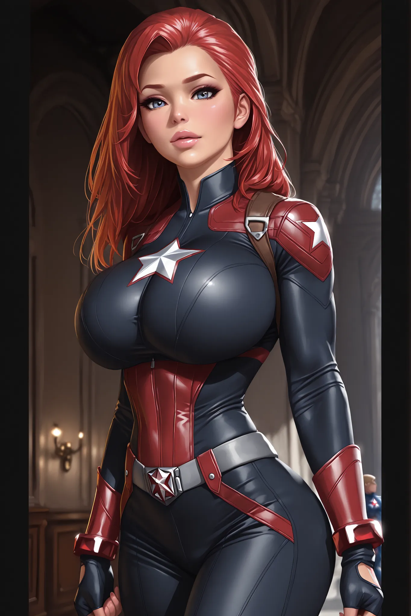 (masterpiece), (best quality), (photorealistic:1.3), 8k, detailed skin texture, detailed cloth texture, beautiful detailed face, intricate details, ultra detailed, scarlett johansson, Black Widow in the style of the Captain America, straight red hair, (ful...