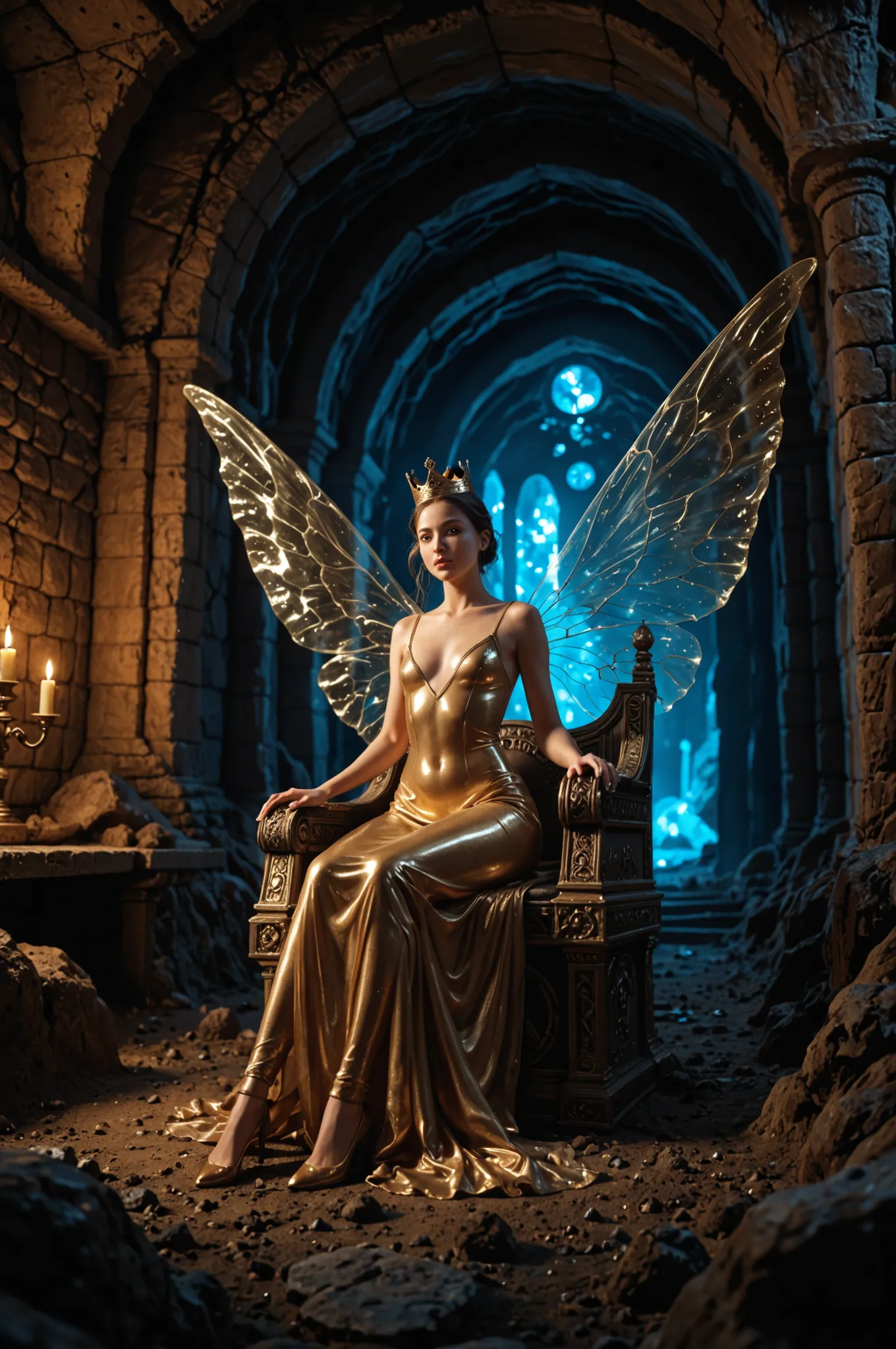 top quality, super definition, Realistic, humanized ant queen, graceful and majestic figure, Long, graceful limbs, Translucent wings, Jewel-like Compound Eyes, glossy curvy, crown-like antennae, sensual black and gold body color, silky shiny dress, pointed...