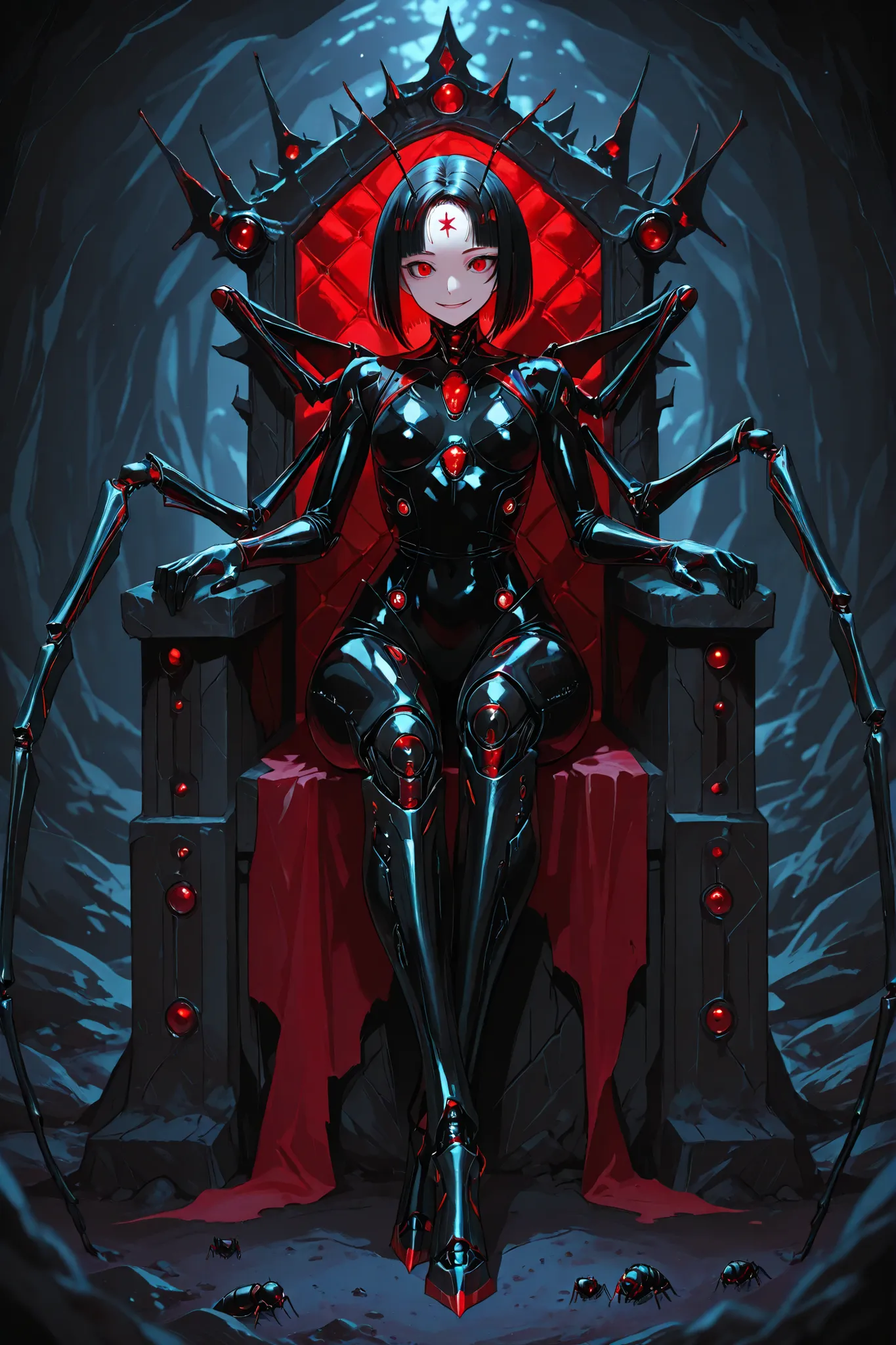 Bionic girl. Black hair. Short hair. Bob hair. Red inner color hair. Red eyes. Compound eyes on forehead. Ironic smile. Insect antennae. Crown. Black latex princess costume. Latex gloves. Mechanical insect legs. Insect legs from waist. Sitting on a throne....