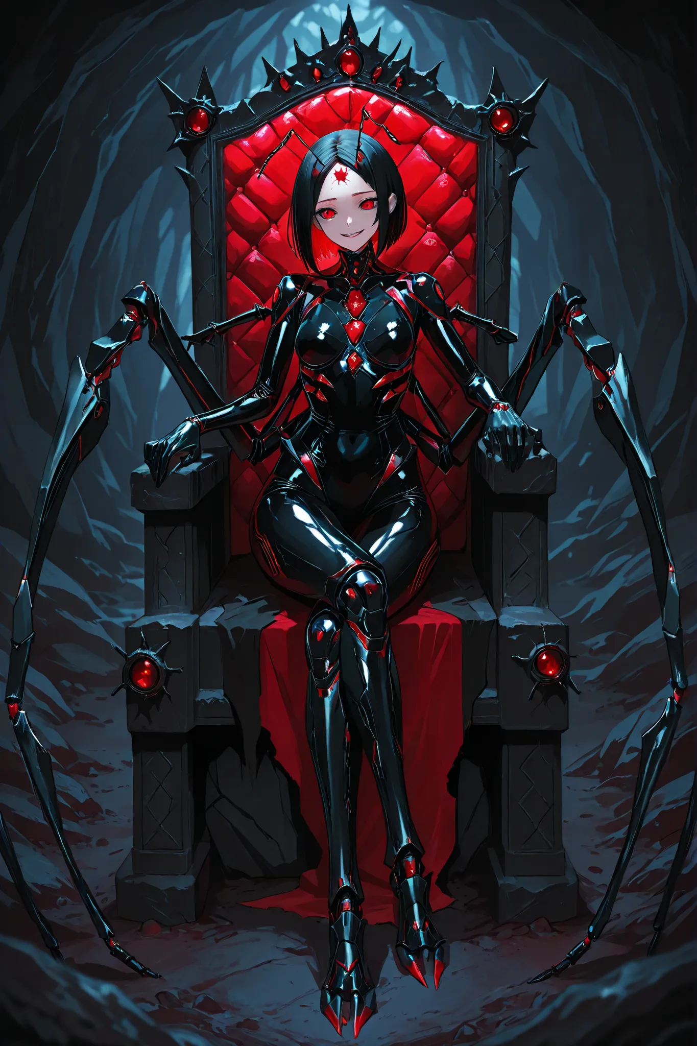 Bionic girl. Black hair. Short hair. Bob hair. Red inner color hair. Red eyes. Compound eyes on forehead. Ironic smile. Insect antennae. Crown. Black latex princess costume. Latex gloves. Mechanical insect legs. Insect legs from waist. Sitting on a throne....