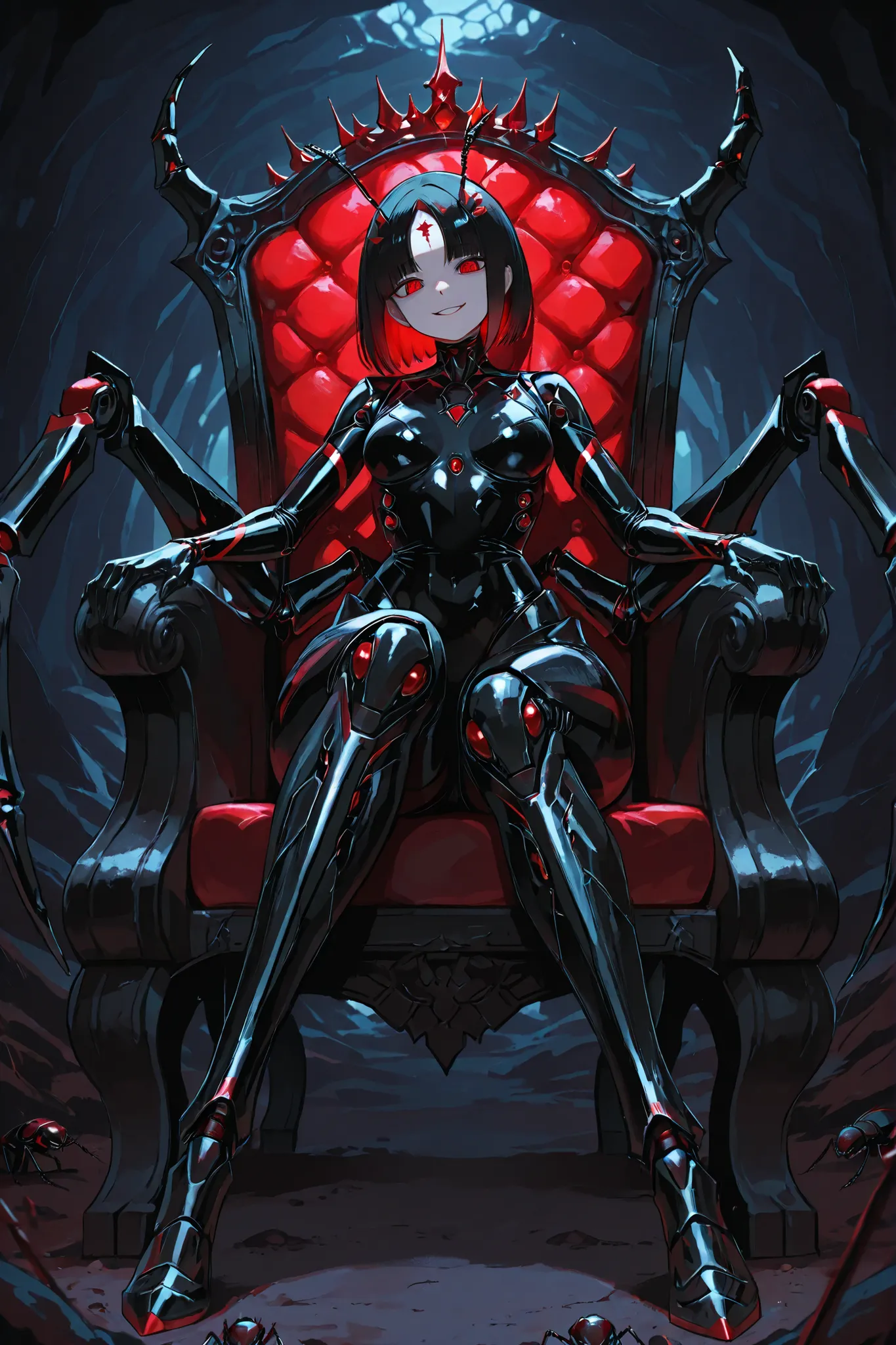 Bionic girl. Black hair. Short hair. Bob hair. Red inner color hair. Red eyes. Compound eyes on forehead. Ironic smile. Insect antennae. Crown. Black latex princess costume. Latex gloves. Mechanical insect legs. Insect legs from waist. Sitting on a throne....