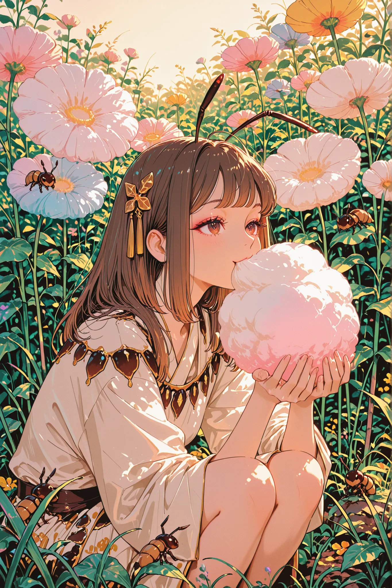 anime,rich,queen ant girl, ant-human hybrid, beautiful and elegant, insect motif outfit, glossy black and brown color theme, antenna-like hair accessories, sitting or crouching down, eating cotton candy, soft fluffy pastel cotton candy, happy gentle expres...
