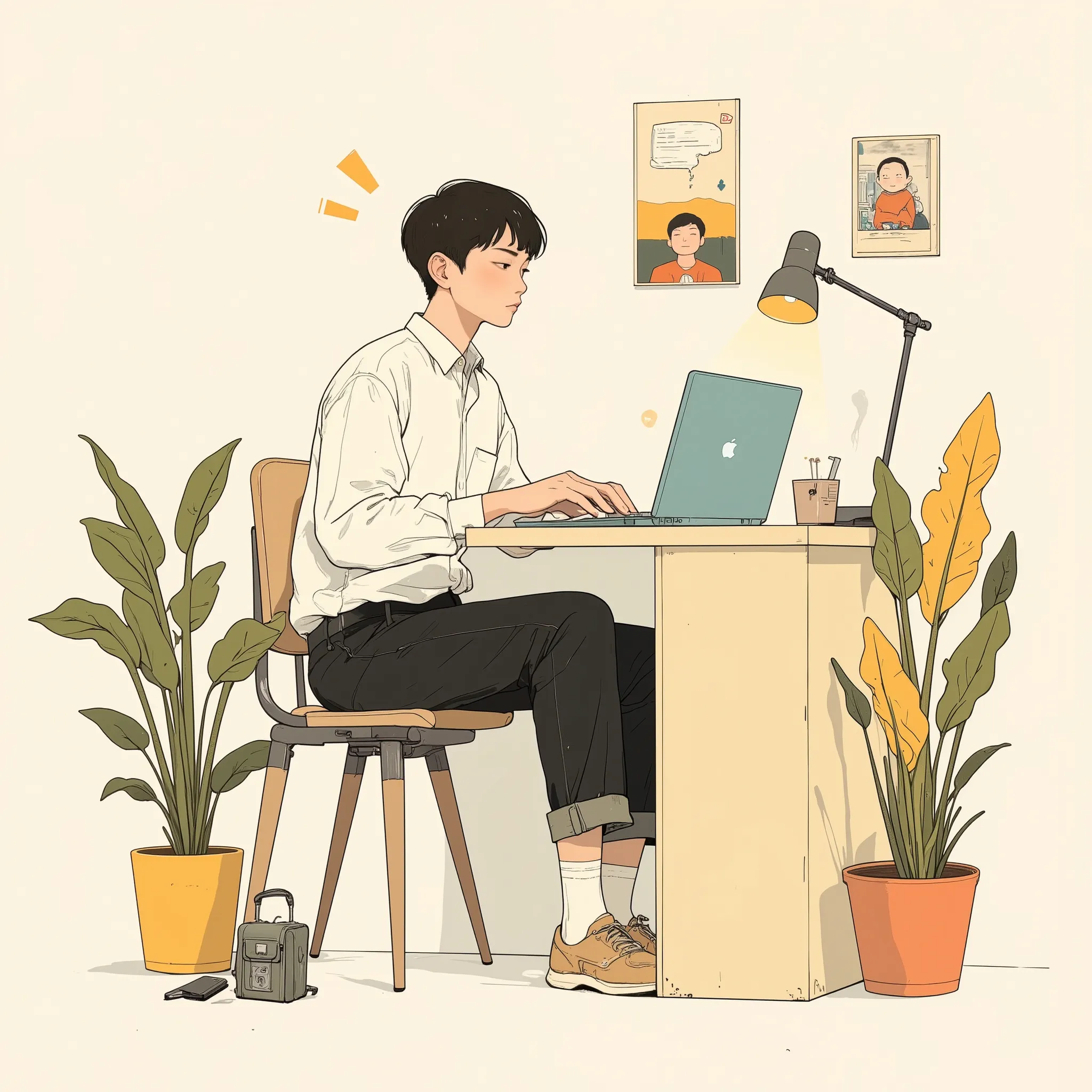 Juaner_cartoon,Minimalist flat vector illustration of a person working remotely on a laptop at home, plant in the background, soft color palette, abstract and clean composition, modern professional aesthetic