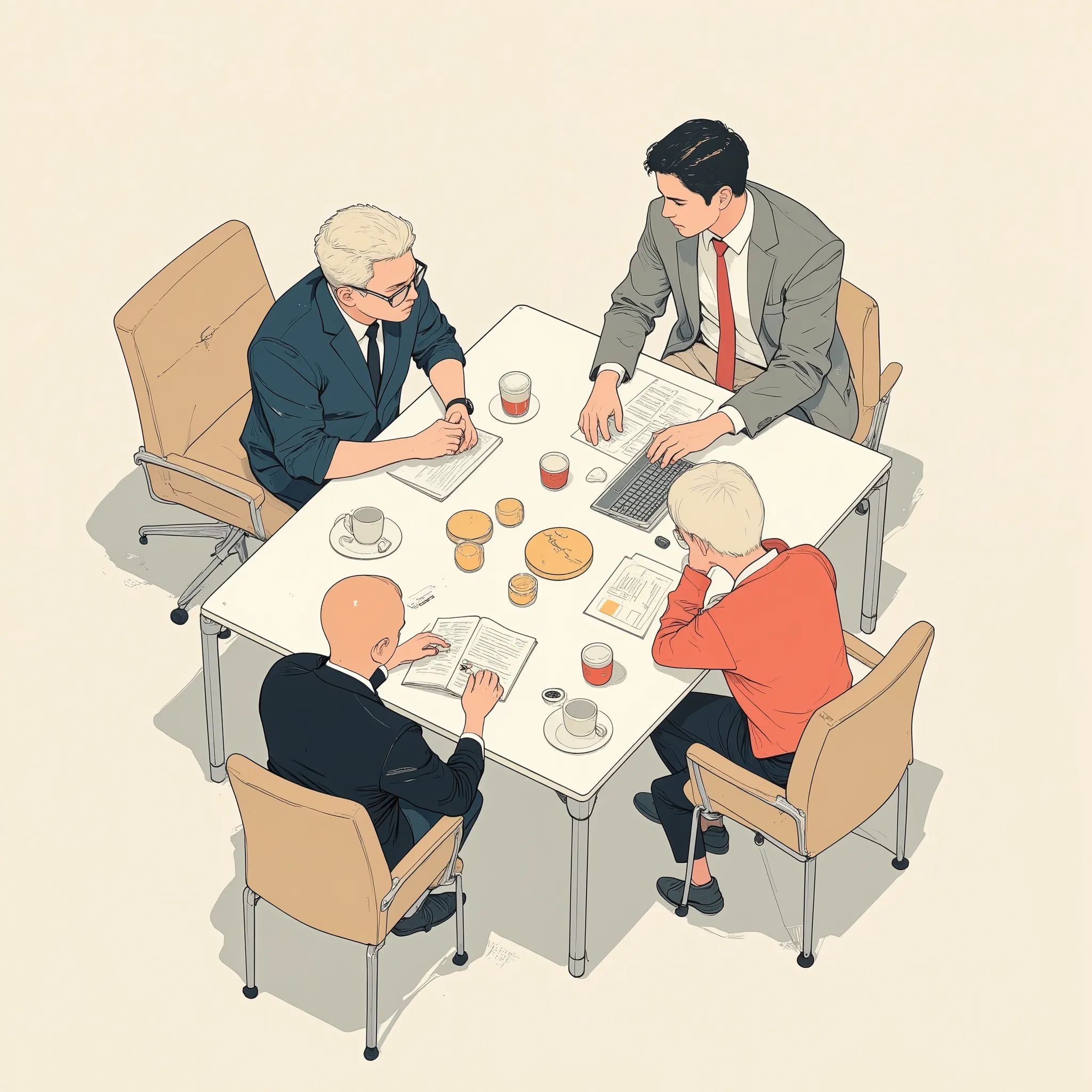 Juaner_cartoon,Minimalist flat design vector of business team discussing in meeting room, top-down view, neutral tones, abstract furniture shapes, no details on faces, professional modern look
