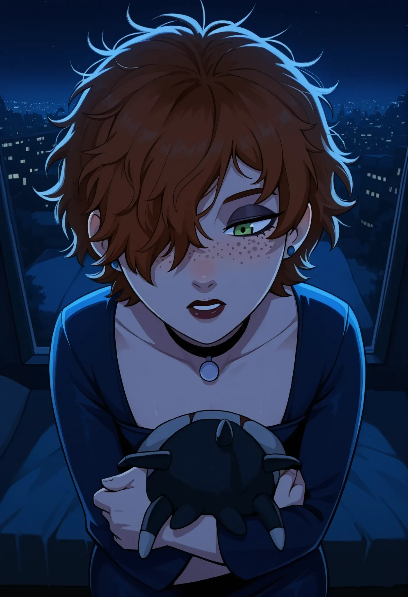 Gwen Tennyson . ginger . short hair . green eyes . flat breasts, flat chest, huge hips . slim body . choker . | masscore_9, score_8_up, 1girl, (hair over one eye:1.5) ,(freckles:2), (messy hair:1.5), (wolfcut hair), open mouth,( dark eyeliner:1.5),(eaegyos...