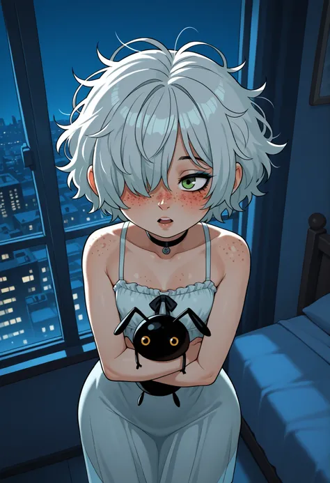 Gwen Tennyson . ginger . short hair . green eyes . flat breasts, flat chest, huge hips . slim body . choker . | score_9, score_8_up, 1girl, (hair over one eye:1.5) ,(freckles:2), (messy hair:1.5), (wolfcut hair), open mouth,( dark eyeliner:1.5),(eaegyosal ...