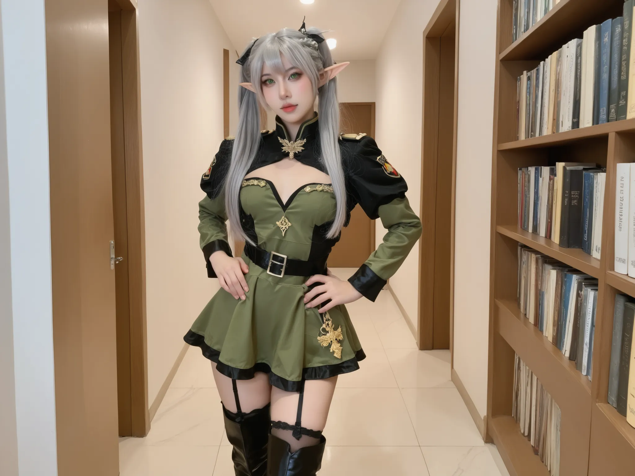 photo showing her entire body,  adult content  , long hair, twintails, green eyes, grey hair, elf girl, small breasts, She's wearing a military uniform, soldier girl,  militar dress, two-tone dress, puffy sleeves, garter straps, black thighhighs, thigh boo...