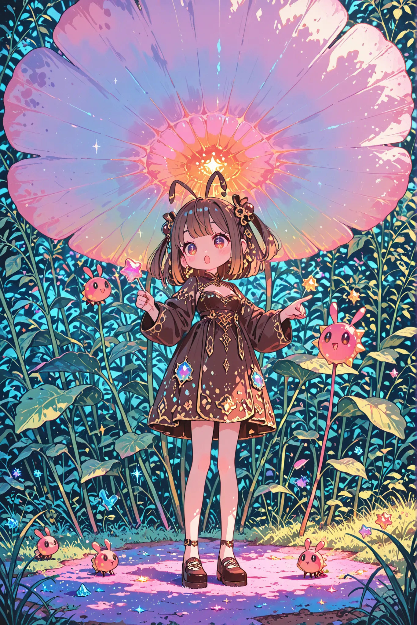 anime,,beautiful ant-girl, ant-human hybrid, elegant and cute, tiny size, standing in a giant garden, pointing toward a big colorful konpeito candy, spiky star-shaped sugar crystal, scattered konpeito candies on the ground, lush oversized grass, huge flowe...