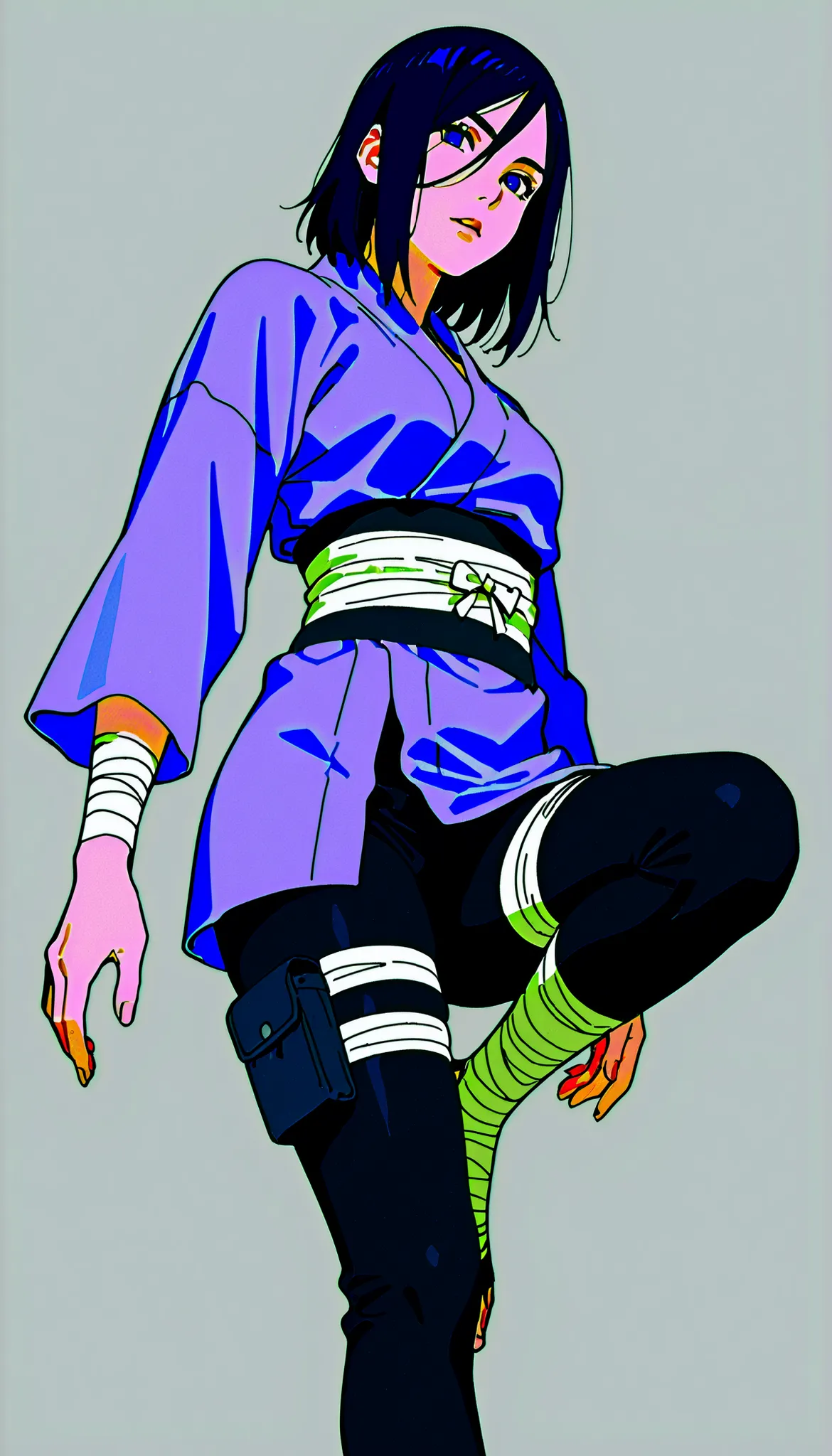 (((IZUMI NASE)))) walking confidently through a war field. The art style should closely match that of Naruto or similar shounen anime, with clean linework and soft shading. ((Solo)), traditional kimono with layered leg accessories (bandages, thigh pouch, d...