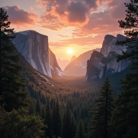 Two mountains Of trees, with a sun reflected in the middle, blocking the mountain, a beautiful sunset sky.