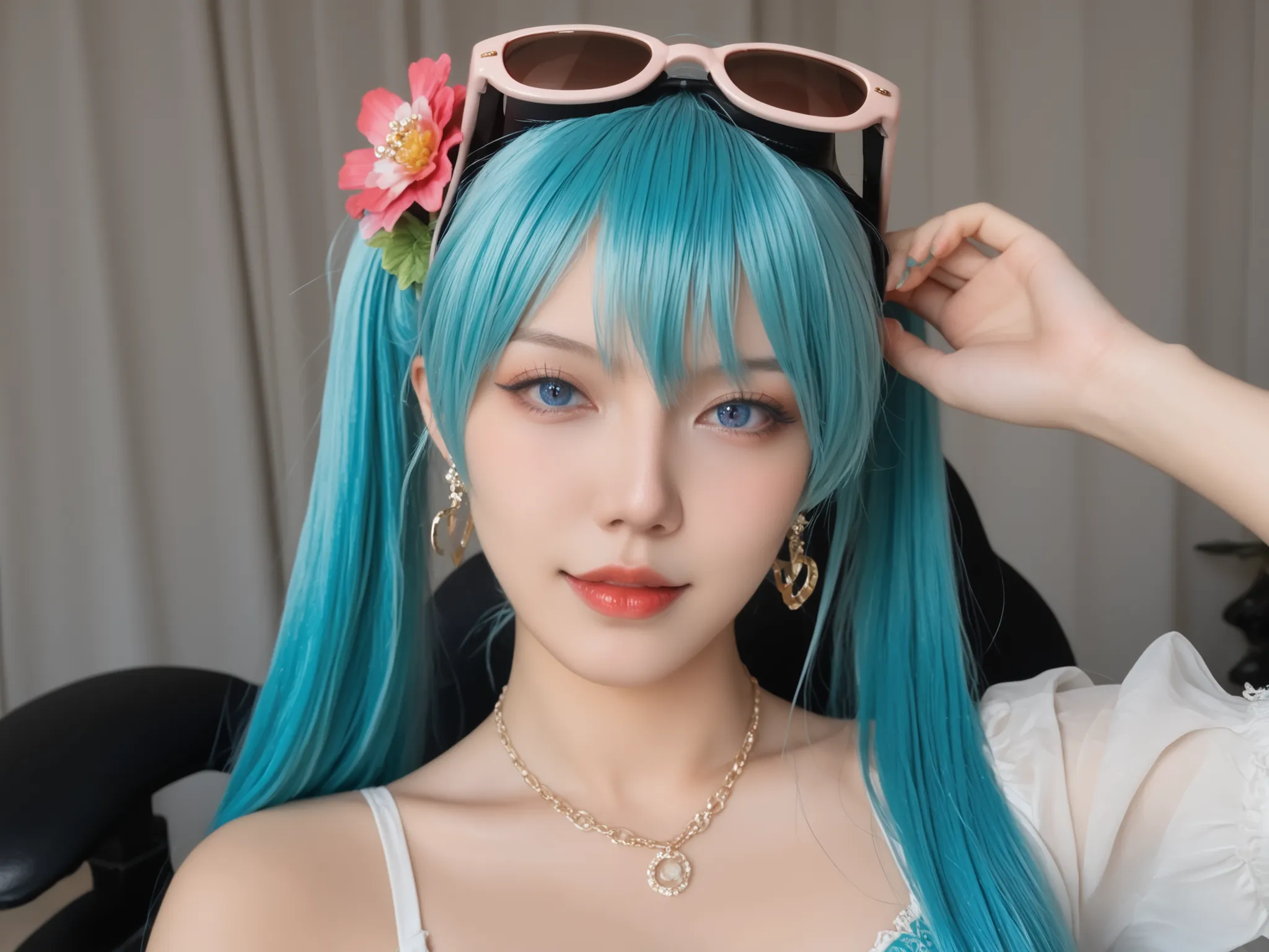 foto realista,miku , blue eyes, aqua hair, long hair, twintails, hair flower, earrings, sunglasses, eyewear on head,  marca de bronzeado , ela está pelada na praia ,  tanlines, ela está na praia, la está totalmente nua, conteúdo adulto, sugestivo sexualmen...