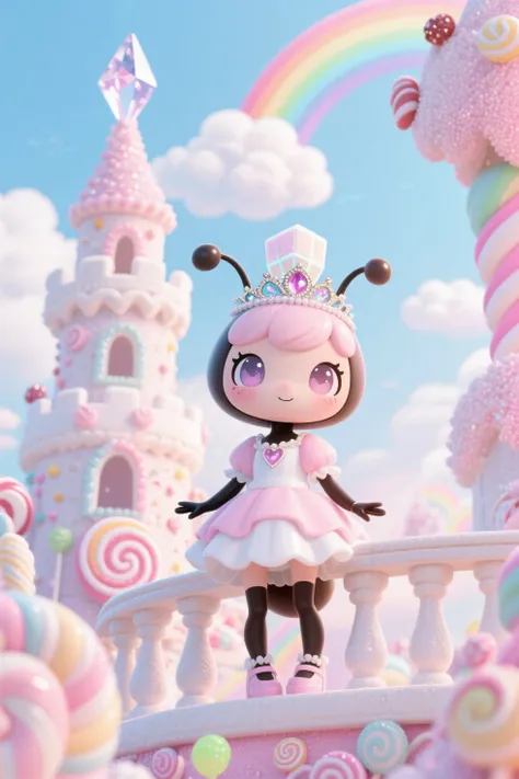 top quality、anime style、masterpiece、A deformed chibi character style、砂糖やキャンディでできたお菓子の城のバルコニーに立つ、wearing a sugar cube tiara、Stand on the balcony of a candy castle made of sugar and candy in a pale pink and white dress、Little anthropomorphic ant princess in a pale pink and white dress、A sugar crystal tower and rainbow clouds in the background、 and the expression is graceful 、Dreamy Eyes、 Sparkling Fairytale Atmosphere 、cute