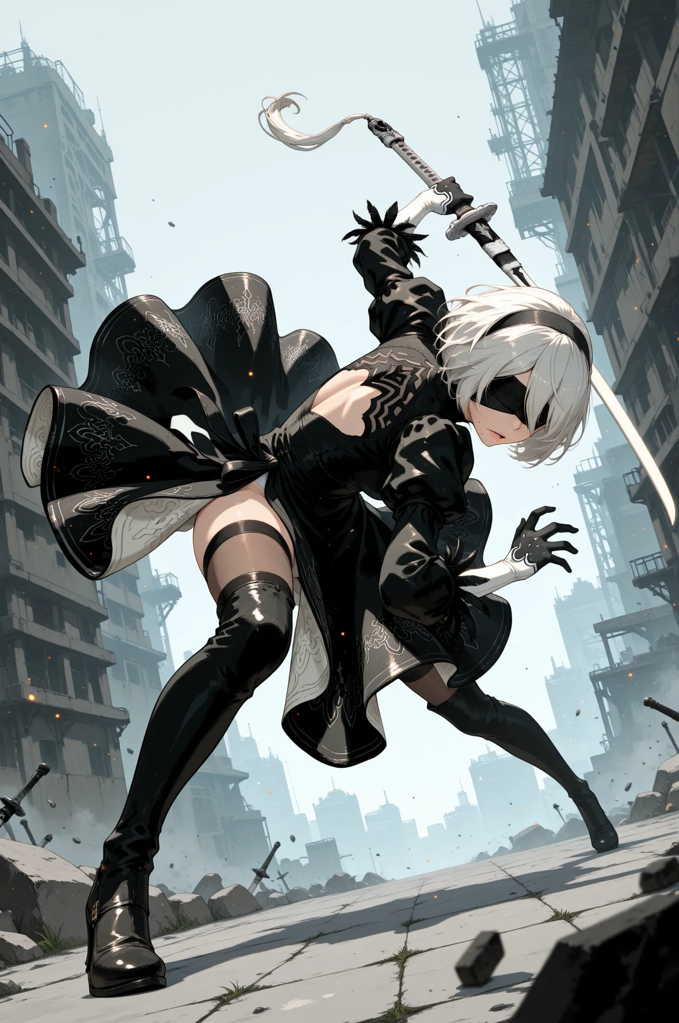 1girl, solo, 2b, nier automata, parted lips, mole under mouth, blindfold, black dress, lace-trimmed dress, holding sword, white sword, full body, battle stance, moody, depth of field, action shot, dutch angle, dynamic pose, dynamic composition, masterpiece, best quality, high quality, amazing quality, absurdres, newest