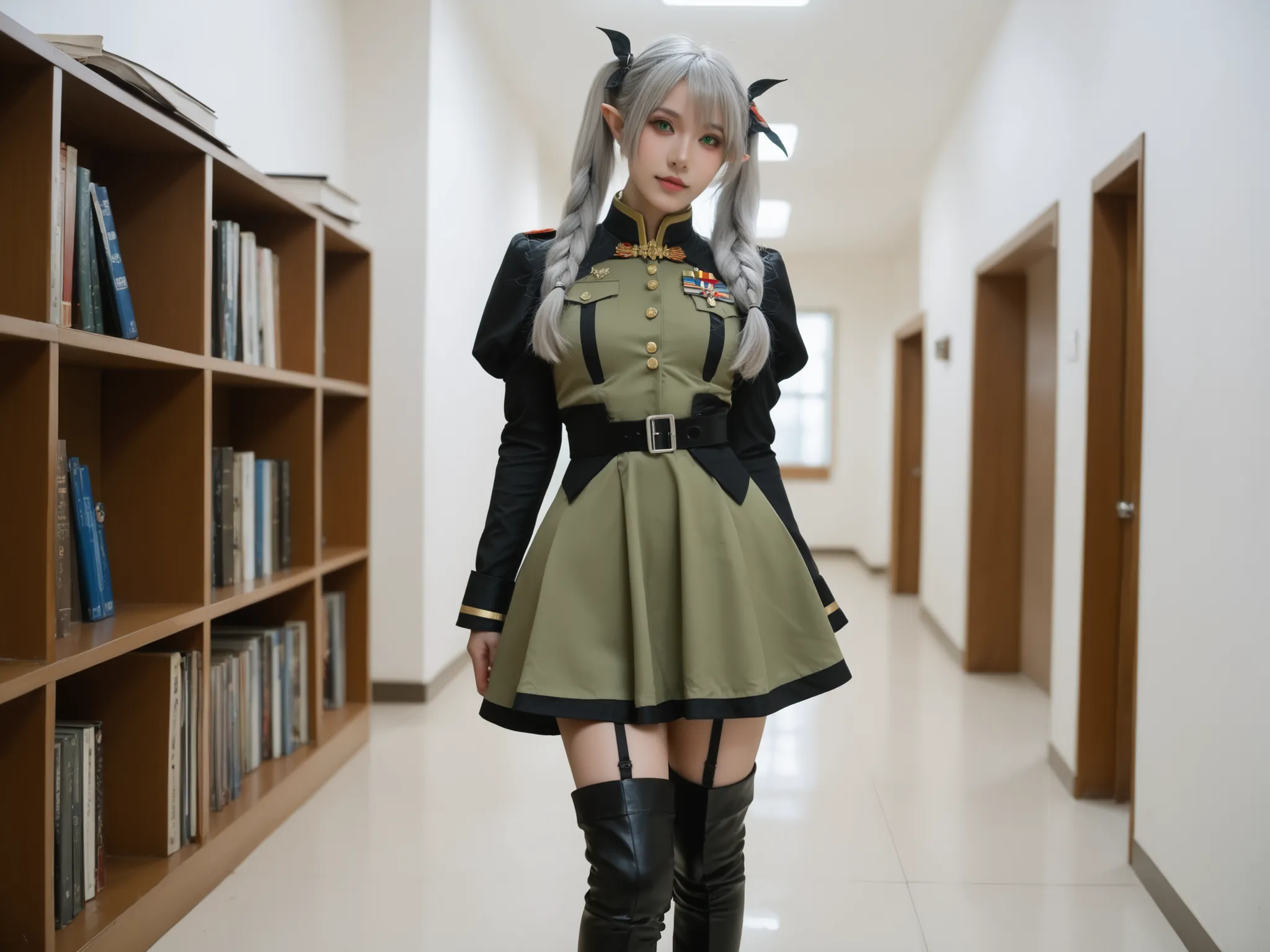 photo showing her entire body,  adult content  , long hair, twintails, green eyes, grey hair, elf girl, small breasts, She's wearing a military uniform, soldier girl,  militar dress, two-tone dress, puffy sleeves, garter straps, black thighhighs, thigh boo...