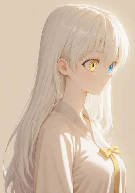 masterpiece, newest, HD Quality, safe, good anatomy, good lighting, , good resolution, beautiful, anime. long white hair. heterochromia:Sky blue right eye and Golden Yellow left eye, glitter on the eyes, dark eyelashes, piel clara, slim build, medium brea...