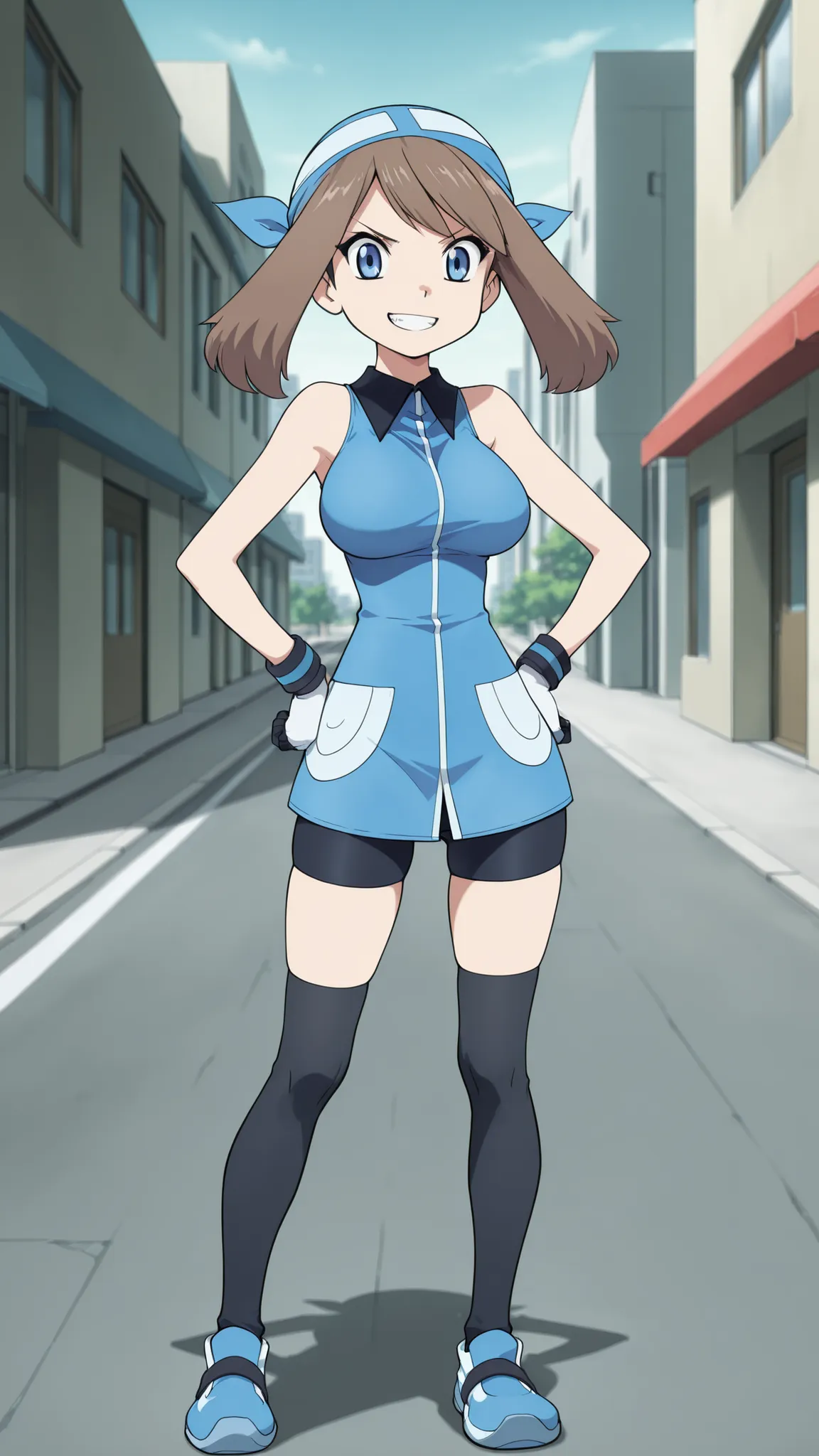 adult older sister, Tall, big boobs,  jam one's hands on one's hips, black knee-high stockings, Absolute region, thighs, Blue shoes, blue bandana, blue sleeveless tunic, Miwaki, black mini bike shorts, gloves, ((top quality)), ((masterpiece)), ((details)),...