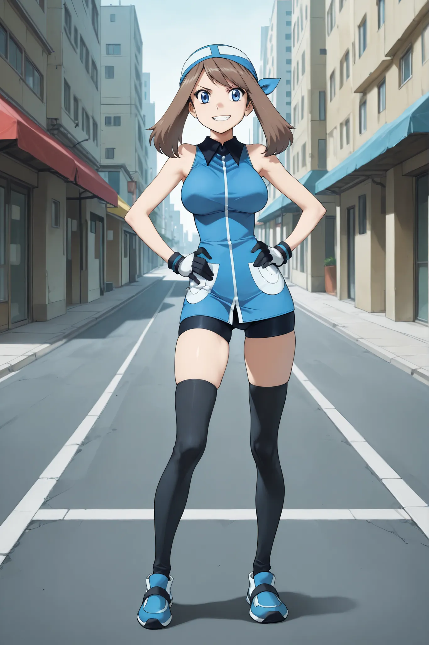 adult older sister, Tall, big boobs,  jam one's hands on one's hips, black knee-high stockings, Absolute region, thighs, Blue shoes, blue bandana, blue sleeveless tunic, Miwaki, black mini bike shorts, gloves, ((top quality)), ((masterpiece)), ((details)),...