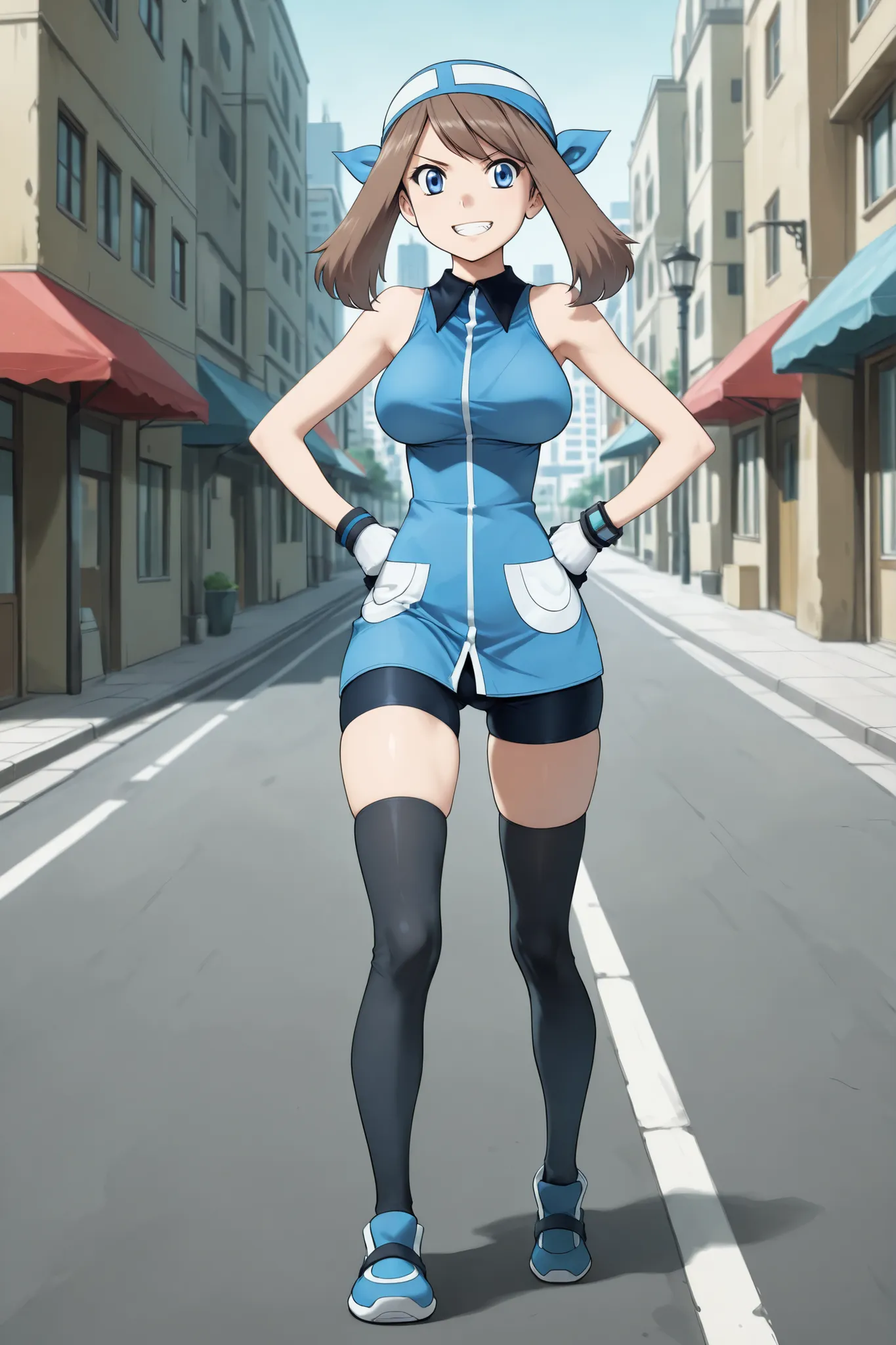 adult older sister, Tall, big boobs,  jam one's hands on one's hips, black knee-high stockings, Absolute region, thighs, Blue shoes, blue bandana, blue sleeveless tunic, Miwaki, black mini bike shorts, gloves, ((top quality)), ((masterpiece)), ((details)),...