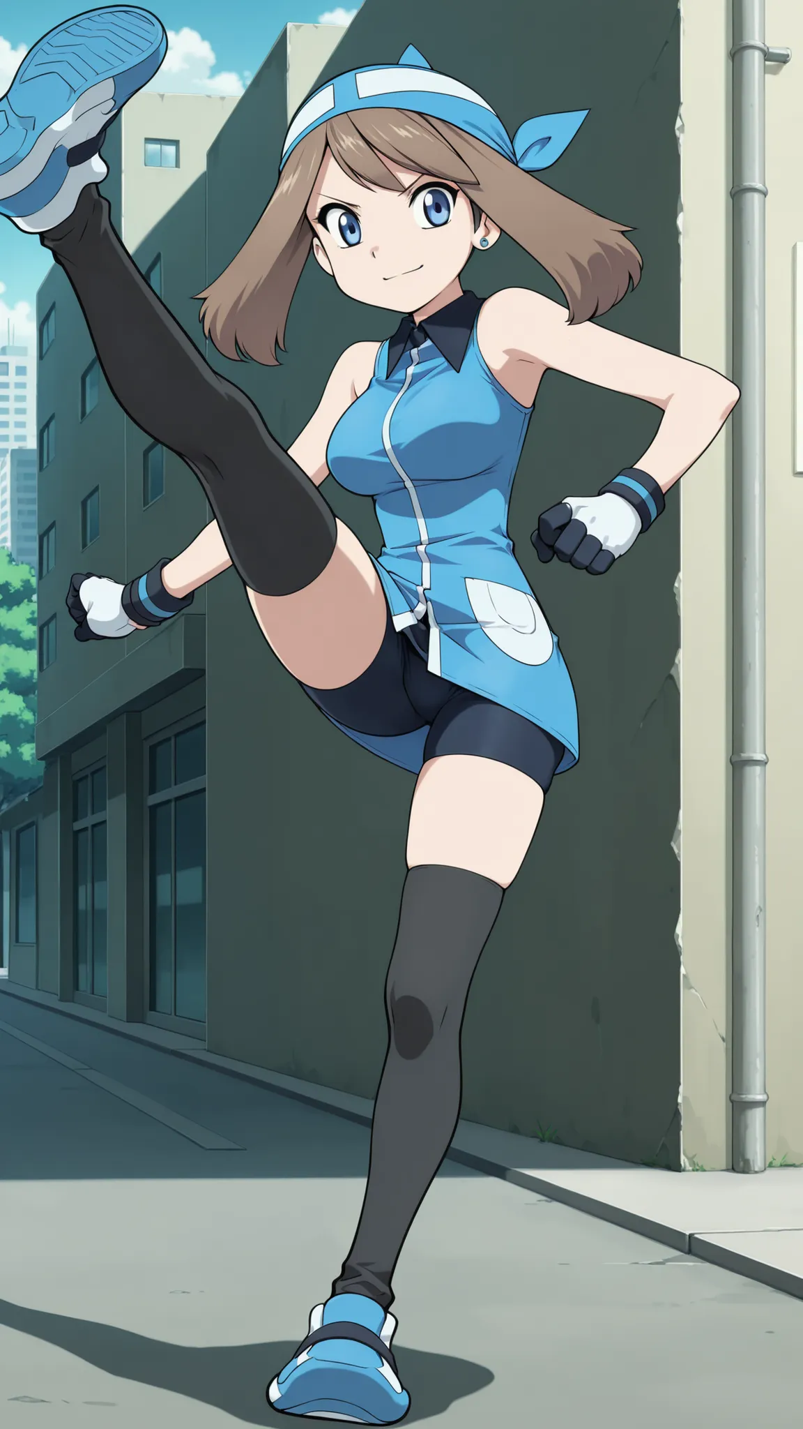 adult older sister, Tall, big boobs, high kick, raised one leg, Kick High, sidekick, black knee-high stockings, Absolute region, thighs, Blue shoes, blue bandana, blue sleeveless tunic, Miwaki, black mini bike shorts, gloves, blue earring, ((top quality)),...