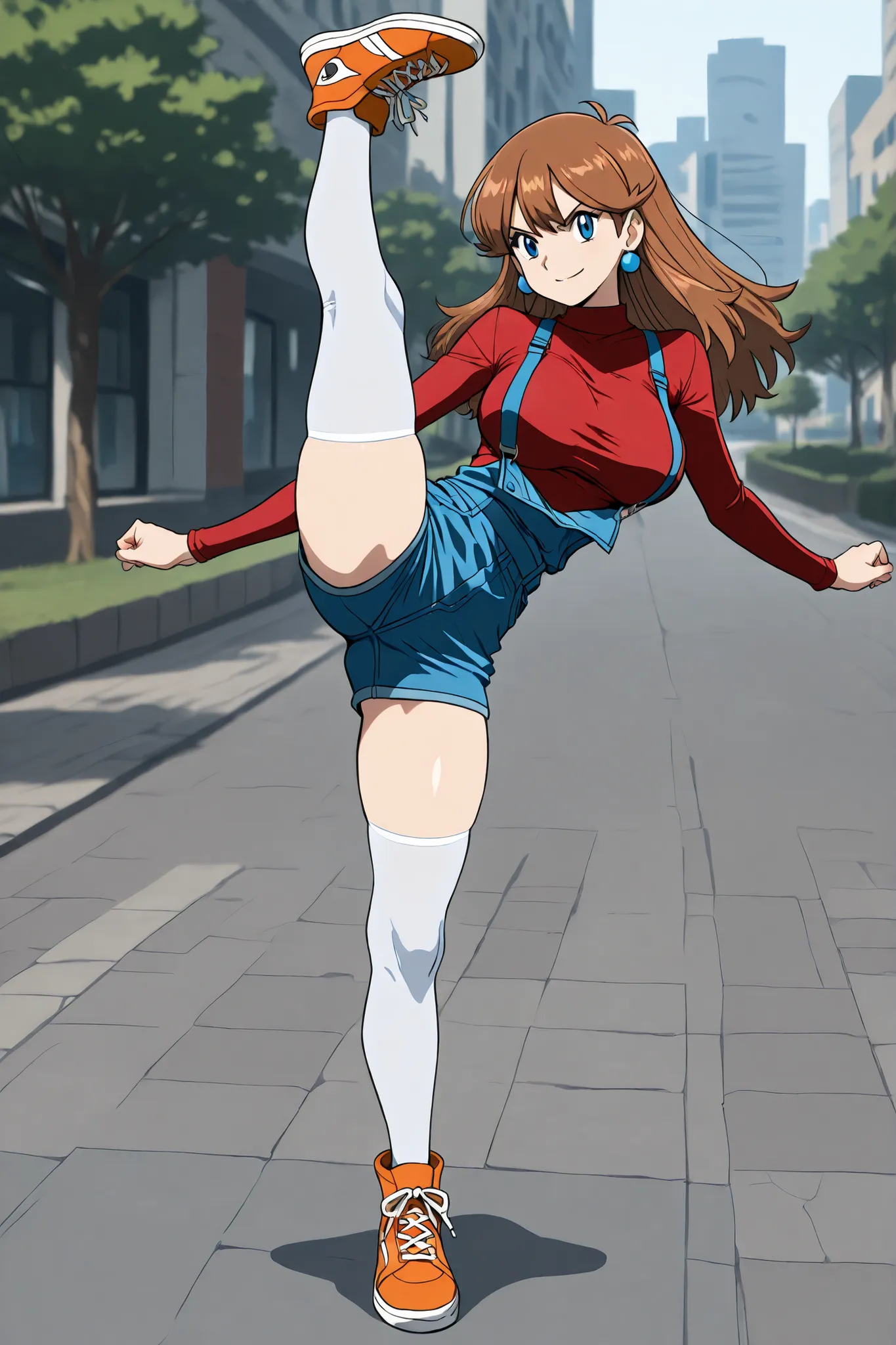 adult older sister, Tall, big boobs, slim sexy body that can be licked by mobs, high kick, raised one leg, Kick High, sidekick, white knee-high stockings, Absolute region, thighs, Three idiot hairs , bungs, orange brown hair color, long hair, orange sneake...