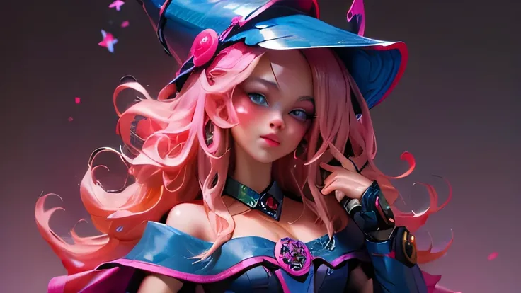 Beautiful face of dark magician gils. long eyelashes, blue eyes. pink lips. long blonde hair. curly hair. exposed shoulders, angelic smile, beautiful well detailed face of the dark wizards gils. Dressed as a sexy schoolgirl. She is flirtatious with the vi...