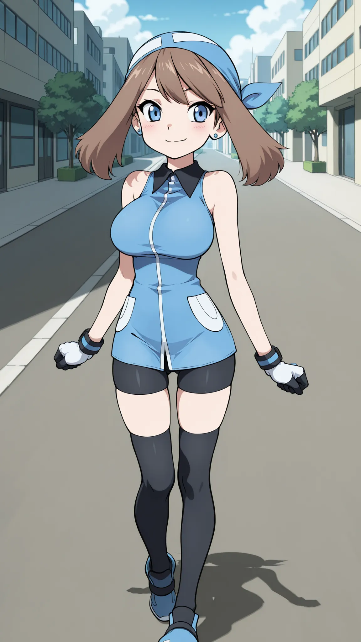 adult older sister, Tall, big boobs, slim sexy body that can be licked by mobs, Y shape balance, black knee-high stockings, Absolute region, thighs, Blue shoes, blue bandana, blue sleeveless tunic, Miwaki, black mini bike shorts, gloves, blue earring, groi...