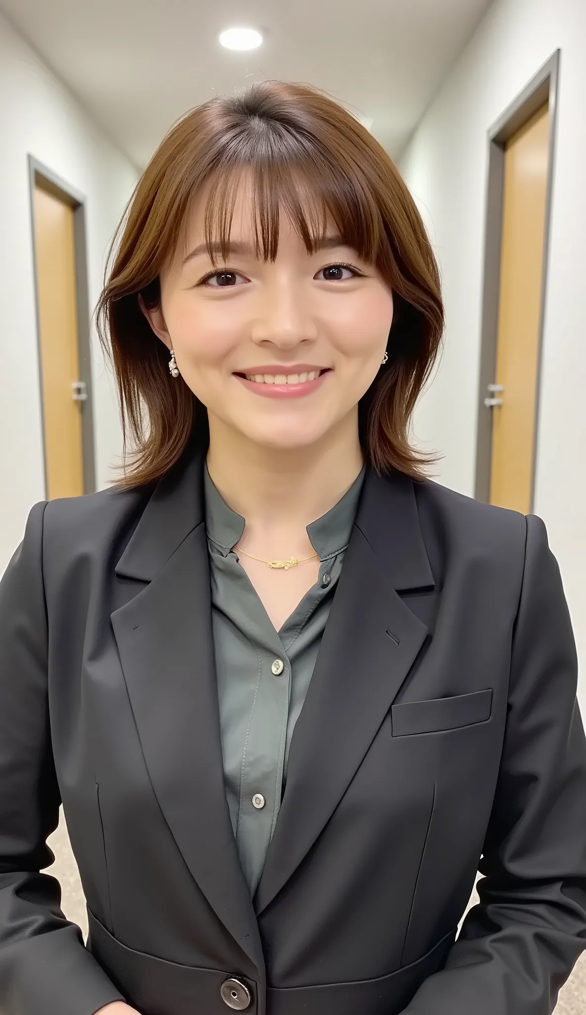 Neat Young Woman、and look at the camera、office lady suit、jacket、shirt、ネックレス、、ear piercing、、smile showing teeth、背景はオフィス