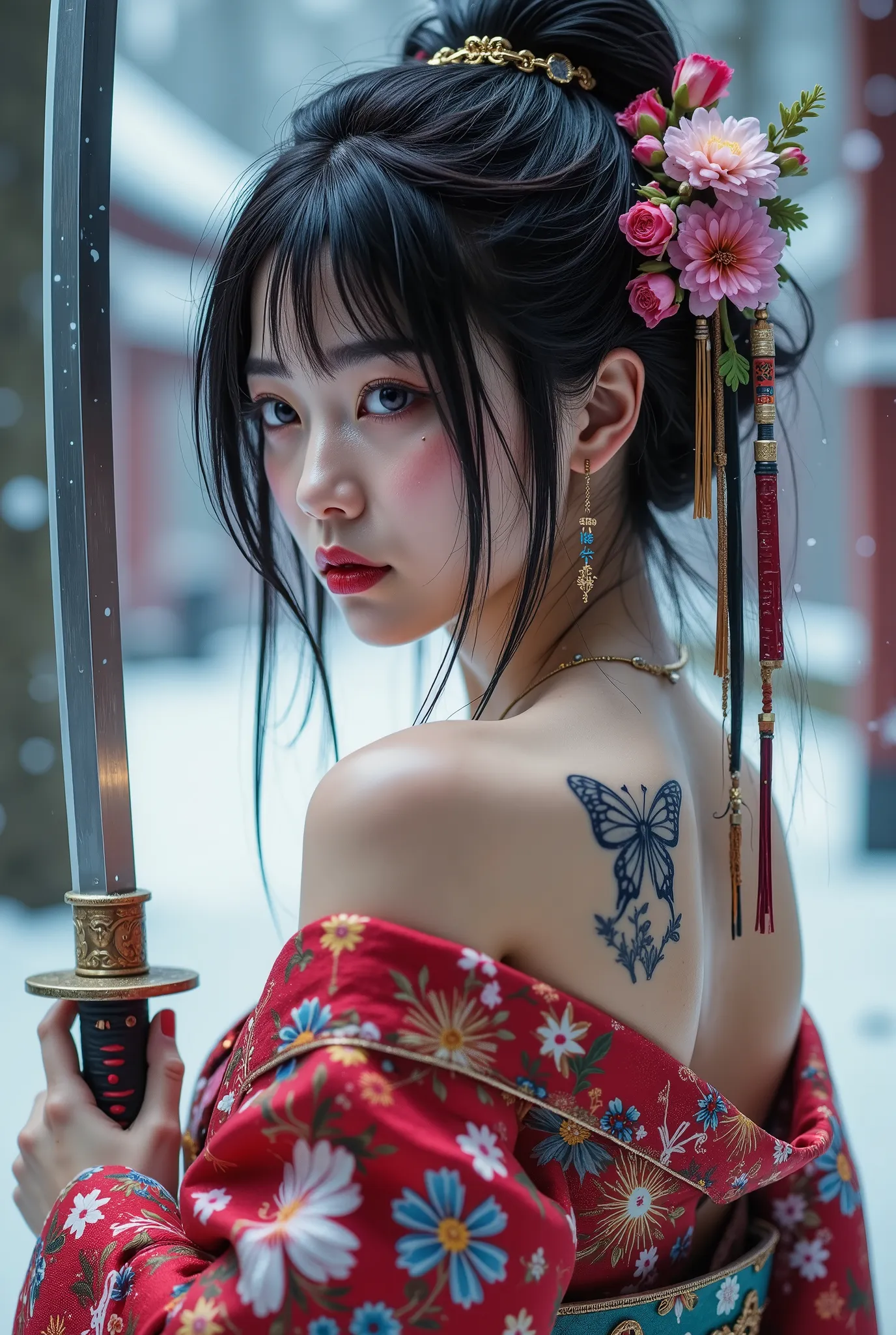 (photo-real),(back pose)in the snow、beautiful Japanese kimono(, shiny silk kimono with butterfly embroidery), a woman wearing half-shoulders(28 years old、Japanese、with glossy black hair、Fair skin、, has a tattoo of a Chinese lion peony on her exposed skin)H...