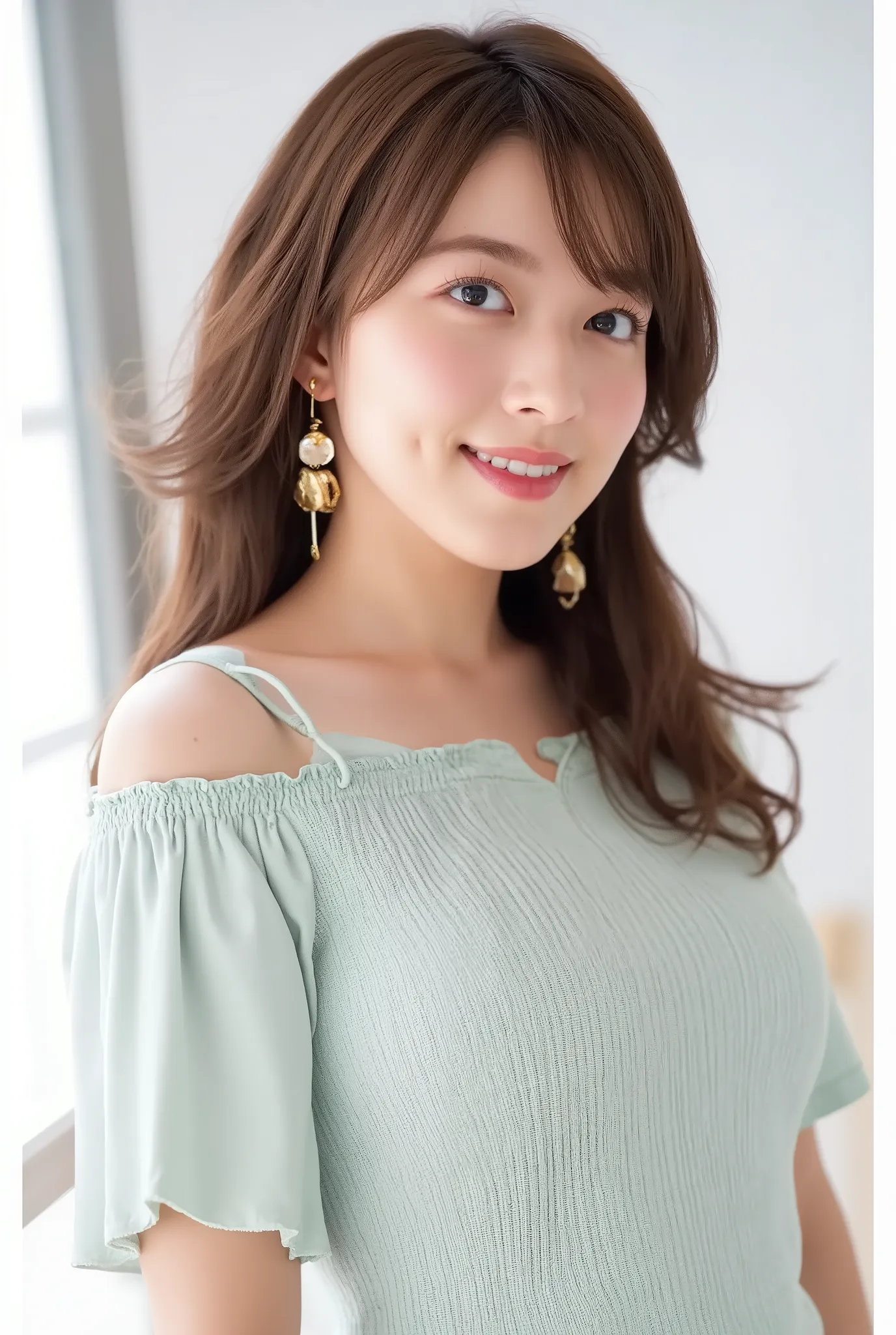 masterpiece, high quality, ultra detailed, beautiful detailed face, realistic face, ultra-high resolution, 8K, solo, beautiful Japanese girl, slender, large breasts, cleavage, smile, 