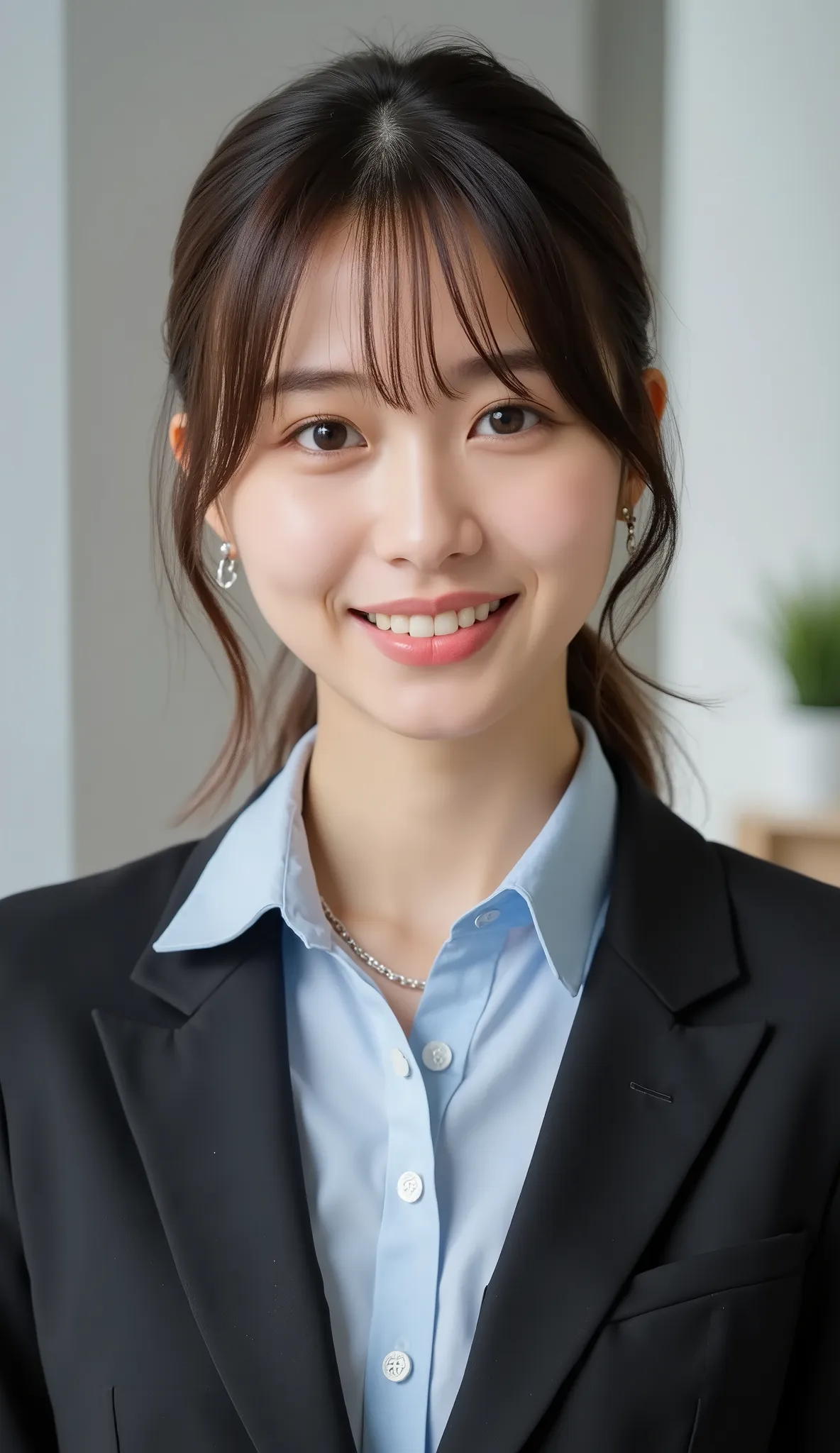 Neat Young Woman、and look at the camera、office lady suit、jacket、shirt、necklace、ear piercing、、smile showing teeth、背景はオフィス


