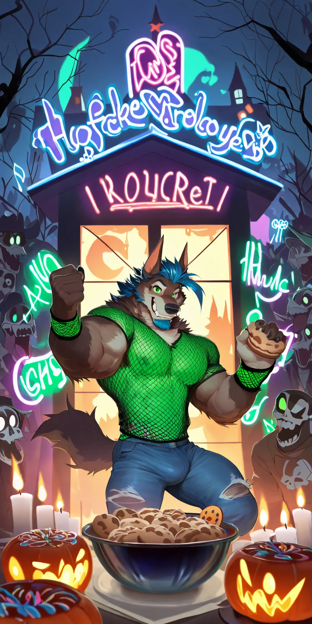 Werewolf Rufus is the new werewolf being welcomed by various monsters, ghosts and goblins to the Halloween haunted house party! Masterpiece, best quality, amazing quality, null-ghost, Rufus from visual novel "Wolfstar: Sins and Paradise". Rufus has long ea...