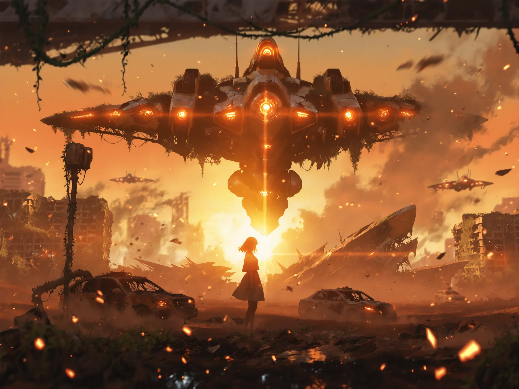 masterpiece, 最High Quality, High Quality, very aesthetic, Newest, Detailed Scenery, Rich lighting, masterpiece, 最高品質, 圧倒的な描写力, 極限の解像度, 1girl, giant robot companion, post-apocalyptic cityscape, destroyed buildings, flying spaceships, ruined skyscrapers, wa...