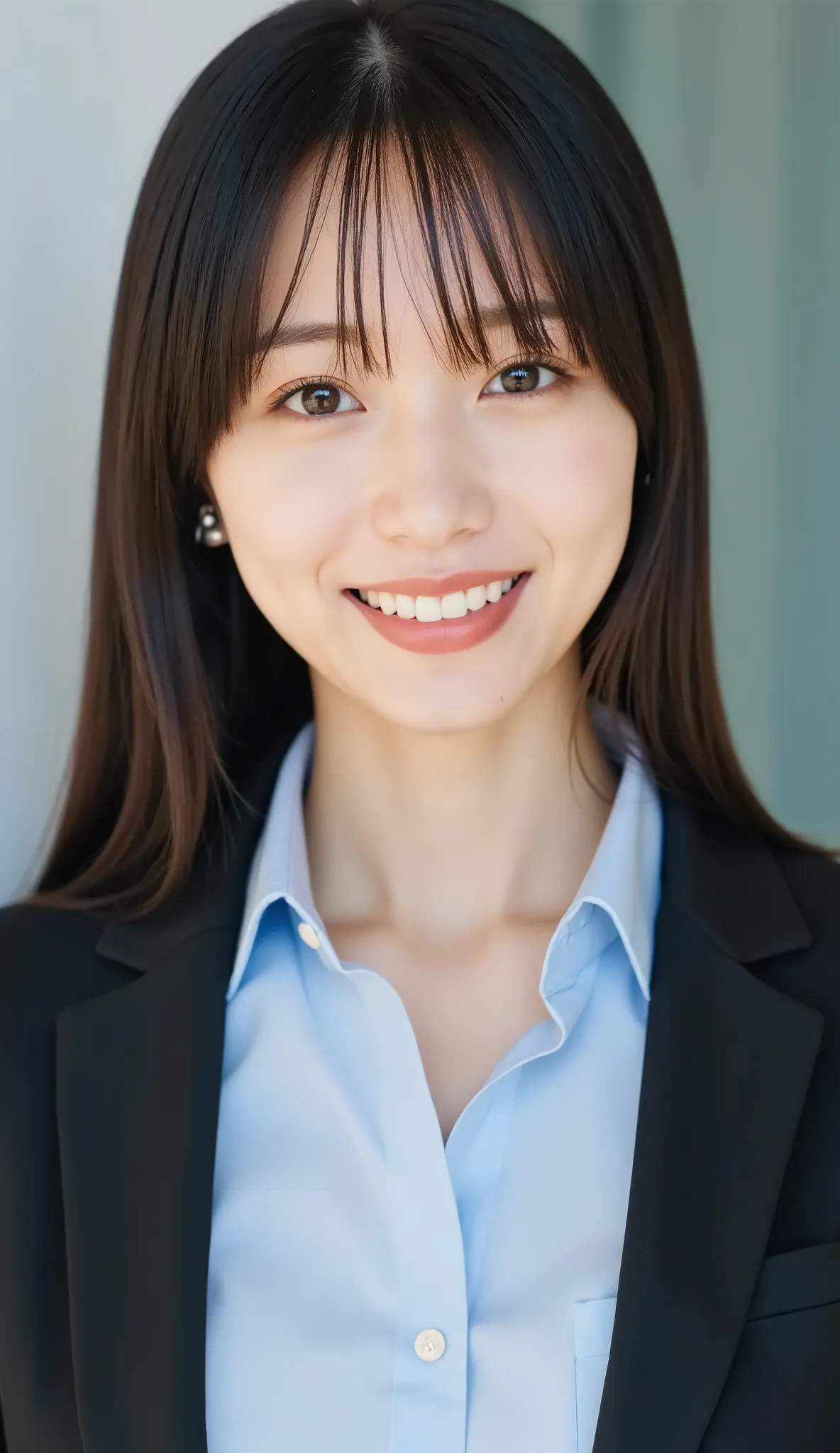Neat Young Woman、and look at the camera、office lady suit、jacket、shirt、necklace、ear piercing、、smile showing teeth、背景はオフィス

