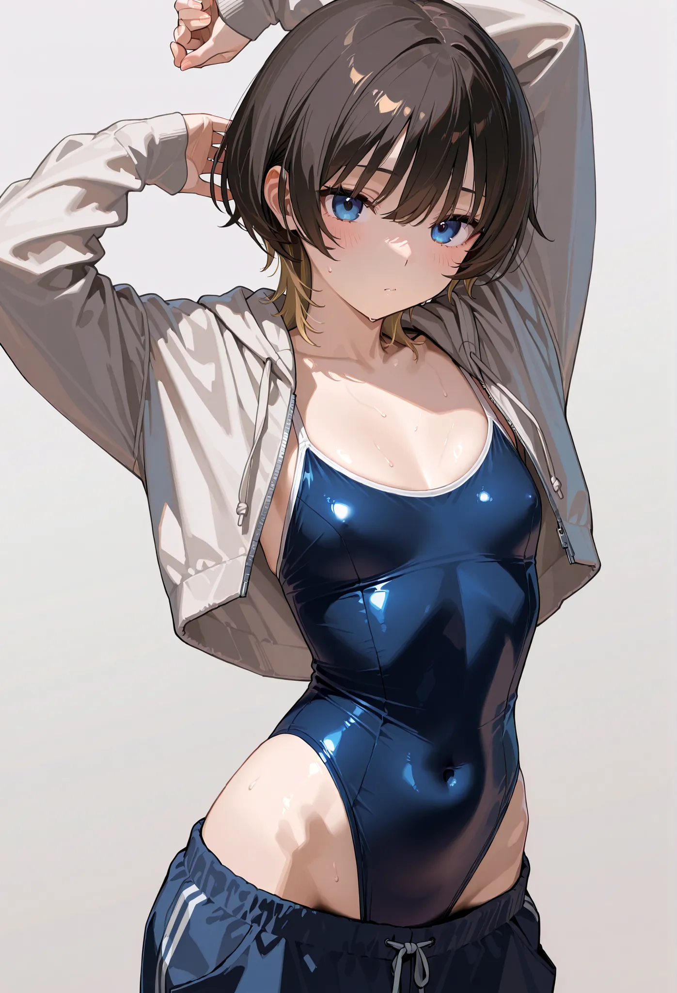 1 person、Pose、gray background、school swimsuitの日焼け、tanning line、Slender、small tits、half-off grey zip-up hoodie、school swimsuit、low rise workout pants、blonde with dark hair、Shortcut(neckline、Long pile )、