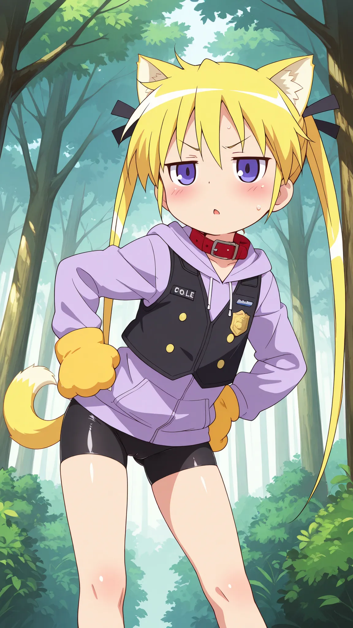 ((anime syale)) ,nsfw, score_9 , score_8_up , score_7_up , masterpiece , best quality , ultra detail , 1girl , (forest) , ((((solo)))) , sonya , yellow twin tails , yellow cat ears , (((yellow dog tail))) , (yellow Dog paw glove with claws) , (Black police...