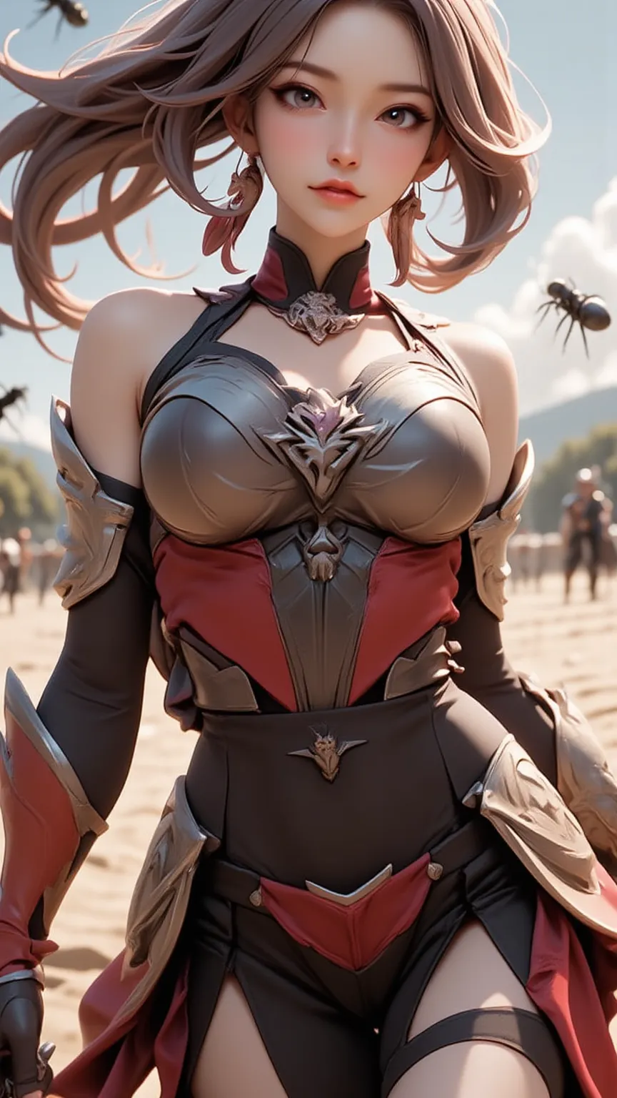 masterpiece, best quality, ultra-detailed, anime style, heroic female warrior, standing bravely against a massive swarm of ants, epic battle scene, strong and determined expression, wind blowing through her hair, sword in hand, dramatic lighting, backlight, insects charging from the distance, ground shaking, cinematic perspective, low angle view, intense atmosphere, fantasy battlefield, 2D anime illustration, cel-shading, bold outlines/sexy, deep cleavage, off-shoulder armor
