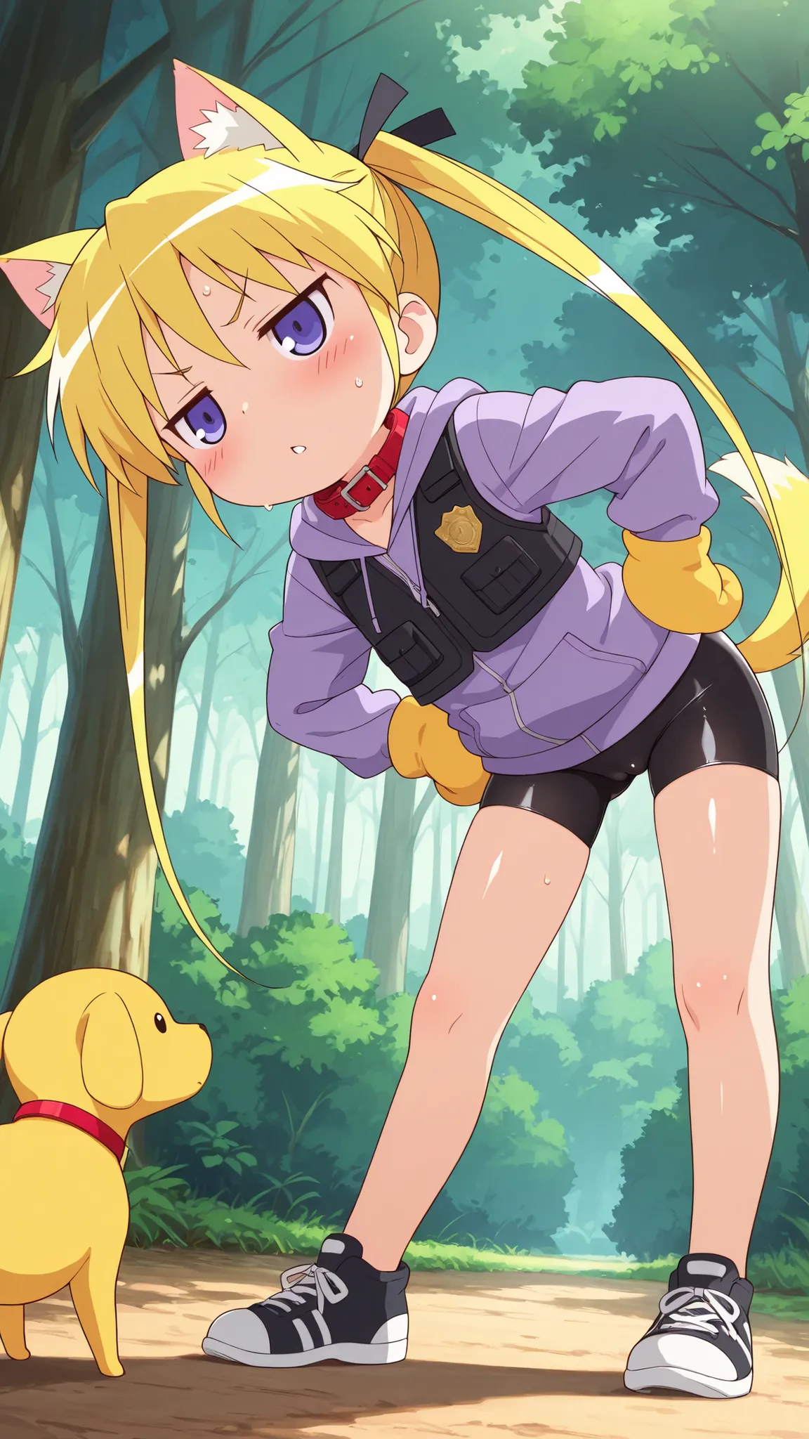 ((anime syale)) ,nsfw, score_9 , score_8_up , score_7_up , masterpiece , best quality , ultra detail , 1girl , (forest) , ((((solo)))) , sonya , yellow twin tails , yellow cat ears , (((yellow dog tail))) , (yellow Dog paw glove with claws) , (Black police...