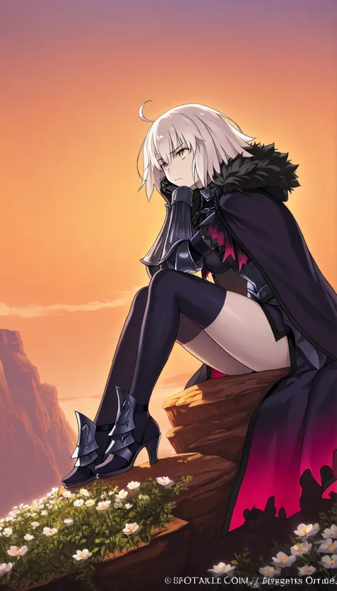 high resolution images , masterpiece, top quality , incredible quality, official art , Alone, 1 girl, Jeanna D'Arc Alter de Fate /Grand Order, is sitting on a cliff with flowers watching the sunset, Orange Sky, face resting on her hand , narrative p...