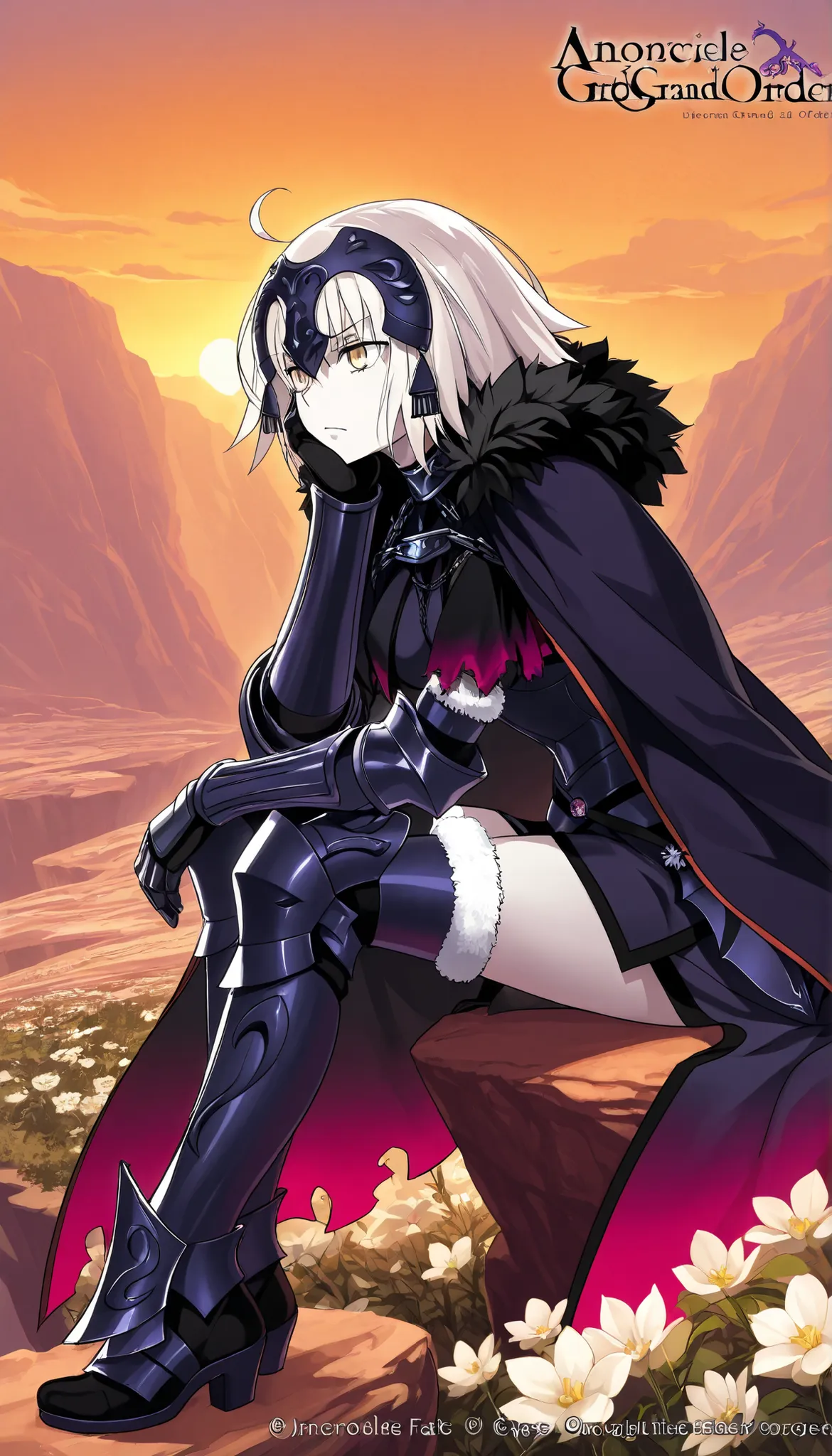  high resolution images ,  masterpiece,  top quality ,  incredible quality,  official art , Alone, 1 girl,  Jeanna D'Arc Alter de Fate /Grand Order,  is sitting on a cliff with flowers watching the sunset, Orange Sky, face resting on her hand , narrative p...