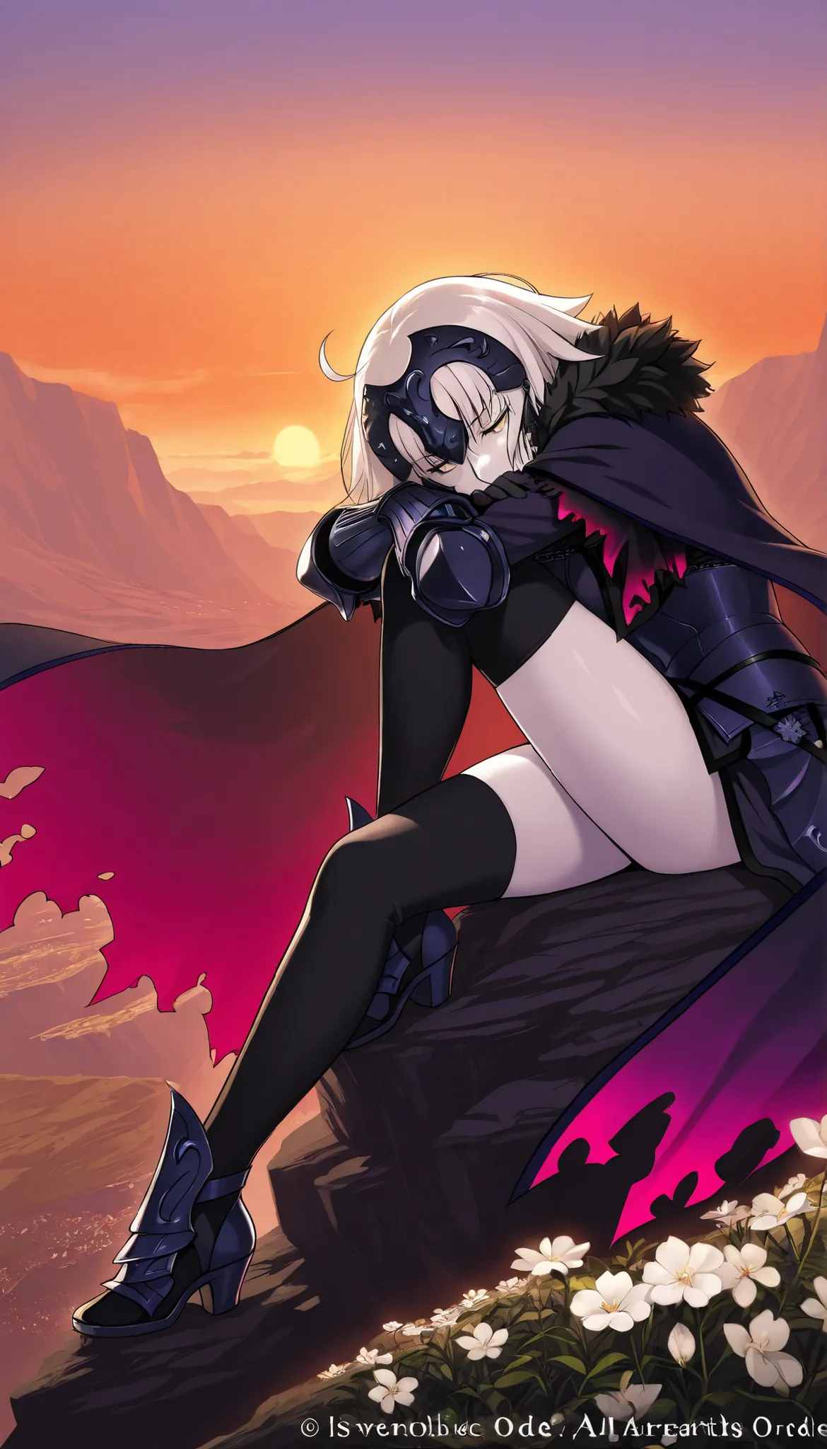  high resolution images ,  masterpiece,  top quality ,  incredible quality,  official art , Alone, 1 girl,  Jeanna D'Arc Alter de Fate /Grand Order,  is sitting on a cliff with flowers watching the sunset, Orange Sky, face resting on her hand , narrative p...