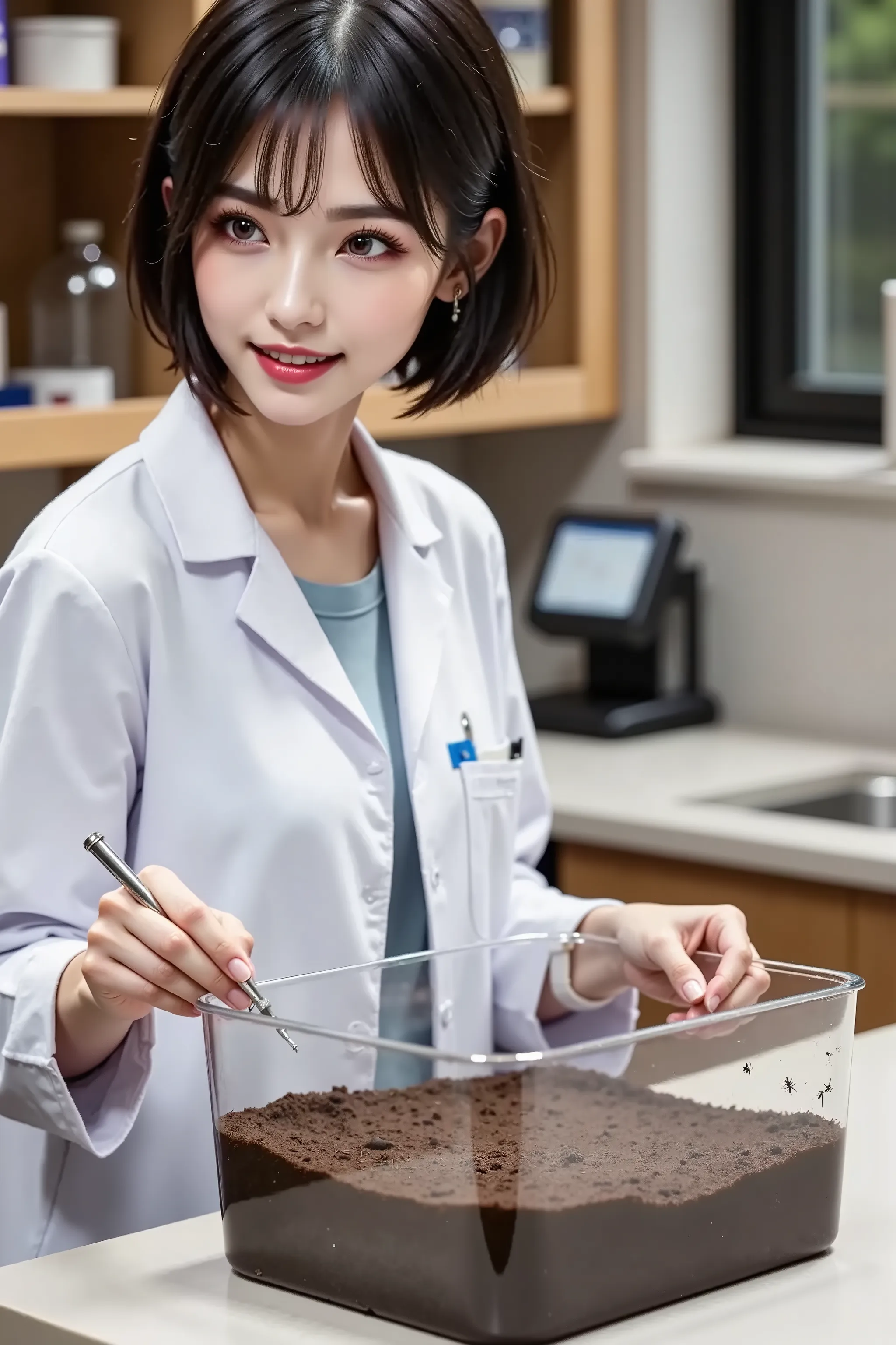 lab, large square water tank on the workbench , ((The inside of the tank is covered with soil and an ant's nest is formed , ((looking close to the water tank {x} female researcher)) ,wearing a white coat and lowering the ID card from the neck,Looking at t...