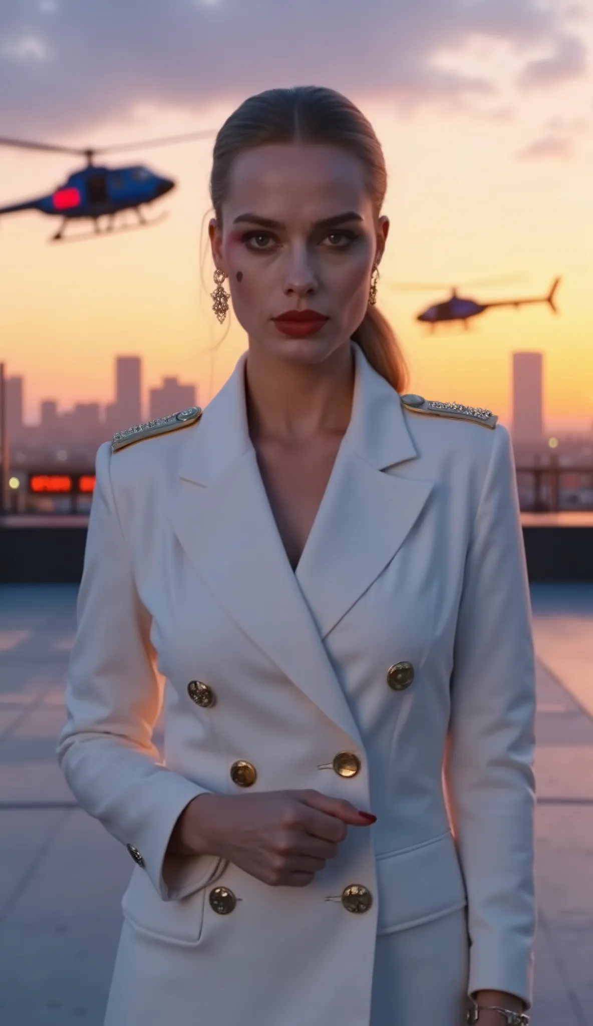 Margot appears in a white military-cut blazer, on a modern heliport under sunset in Los Angeles. Cabelo preso, light makeup and direct look at. Ao fundo, helicopters and red emergency lights.