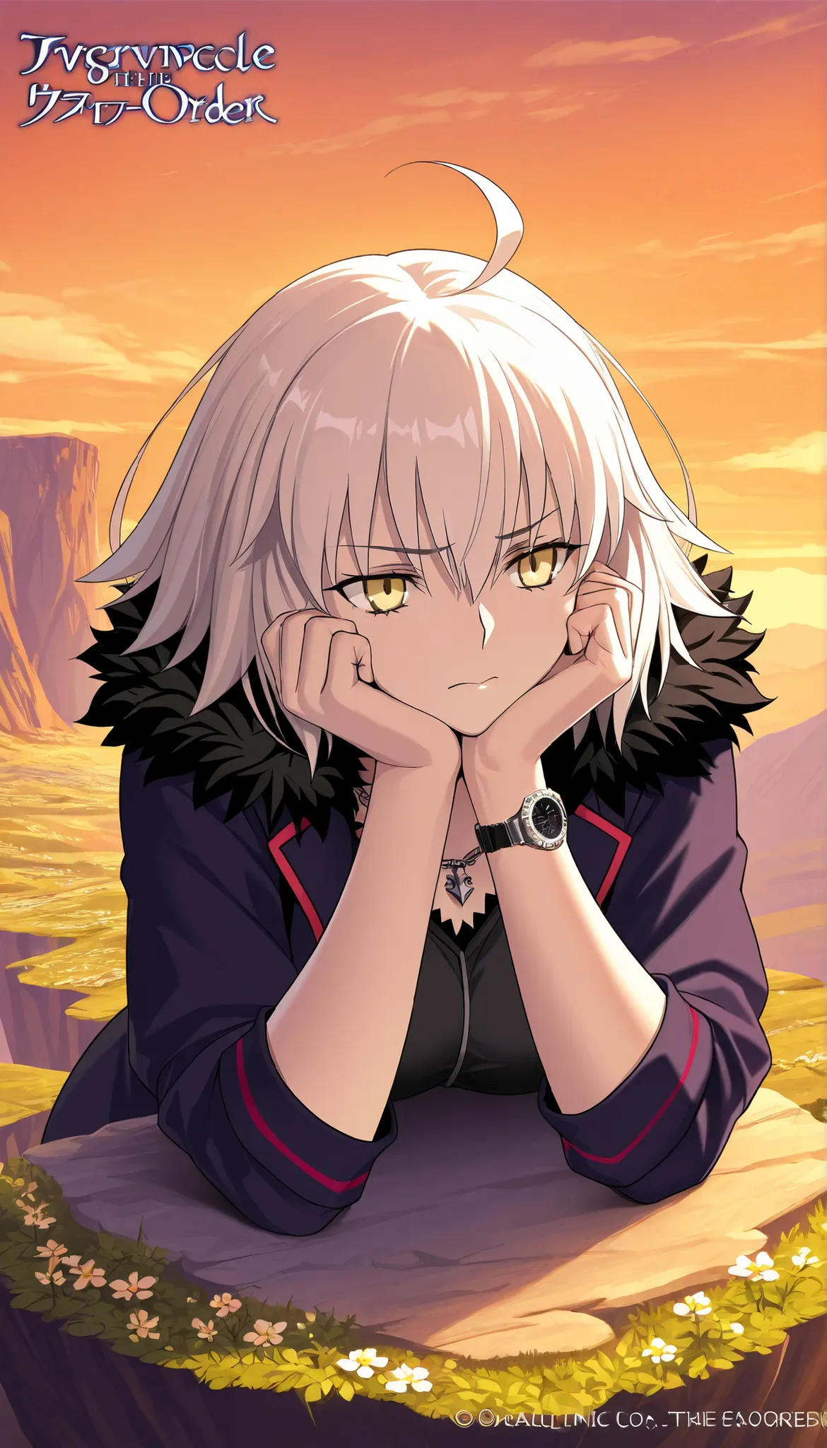  high resolution images ,  masterpiece,  top quality ,  incredible quality,  official art , Alone, 1 girl,  Jeanna D'Arc Alter de Fate /Grand Order,  is sitting on a cliff with flowers watching the sunset, Orange Sky, Face resting on hands , narrative poem...