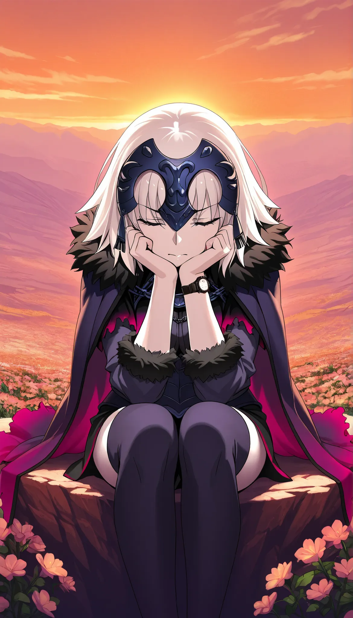  high resolution images ,  masterpiece,  top quality ,  incredible quality,  official art , Alone, 1 girl,  Jeanna D'Arc Alter de Fate /Grand Order,  is sitting on a cliff with flowers watching the sunset, Orange Sky, Face resting on hands , narrative poem...