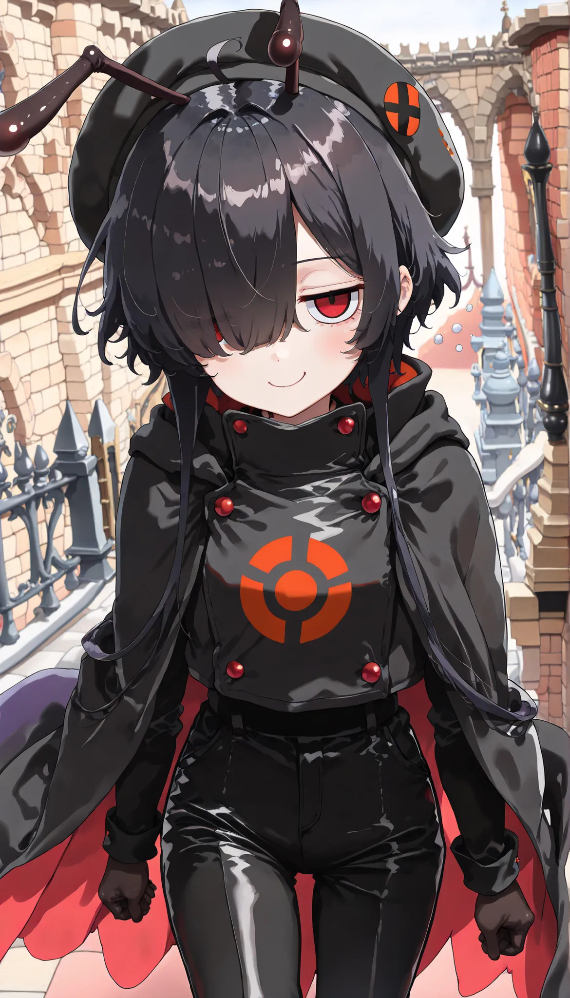( masterpiece , best quality , high quality ,8k,)  ( watercolor style illustration, :1.3) solo personification of ant girl knight (black-hair:1.4)    (hair over one  eye, bangs, long bangs, :1.4) red-eyes (jitome:1.3) black-powerd-armor jacket pants zentai...