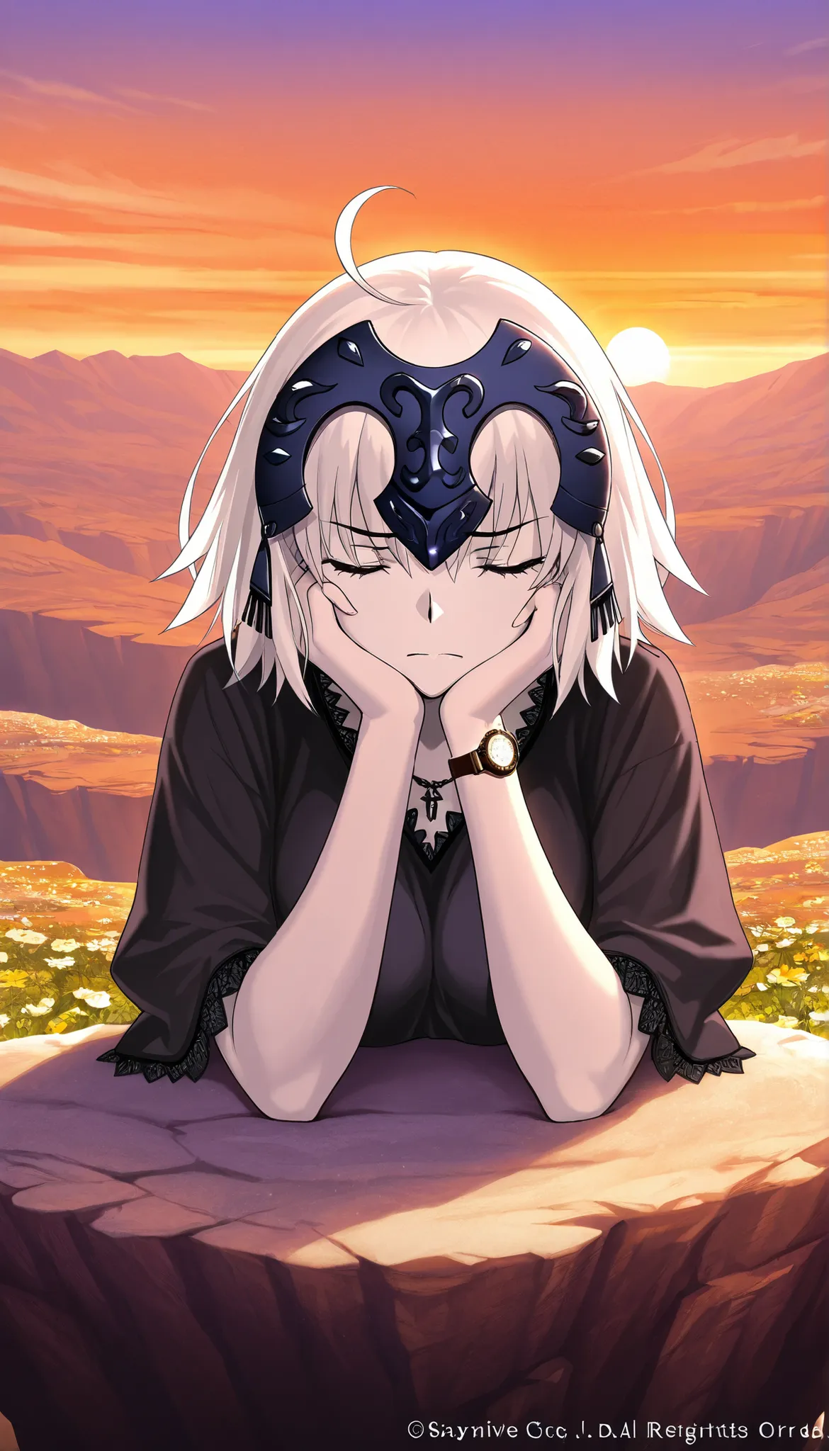  high resolution images ,  masterpiece,  top quality ,  incredible quality,  official art , Alone, 1 girl,  Jeanna D'Arc Alter de Fate /Grand Order,  is sitting on a cliff with flowers watching the sunset, Orange Sky, Face resting on hands , narrative poem...