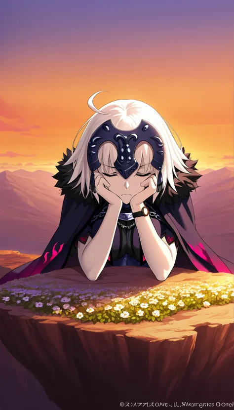 high resolution images , masterpiece, top quality , incredible quality, official art , Alone, 1 girl, Jeanna D'Arc Alter de Fate /Grand Order, is sitting on a cliff with flowers watching the sunset, Orange Sky, Face resting on hands , narrative poem...