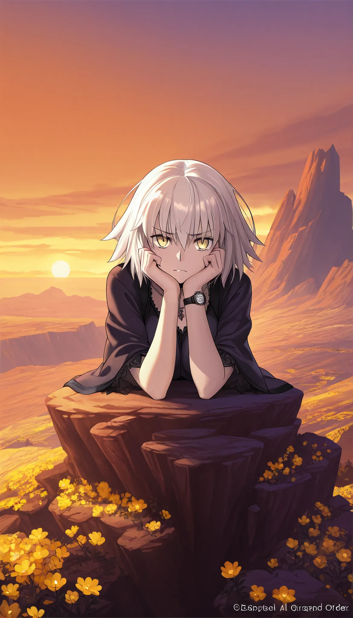  high resolution images ,  masterpiece,  top quality ,  incredible quality,  official art , Alone, 1 girl,  Jeanna D'Arc Alter de Fate /Grand Order,  is sitting on a cliff with flowers watching the sunset, Orange Sky, Face resting on hands , narrative poem...